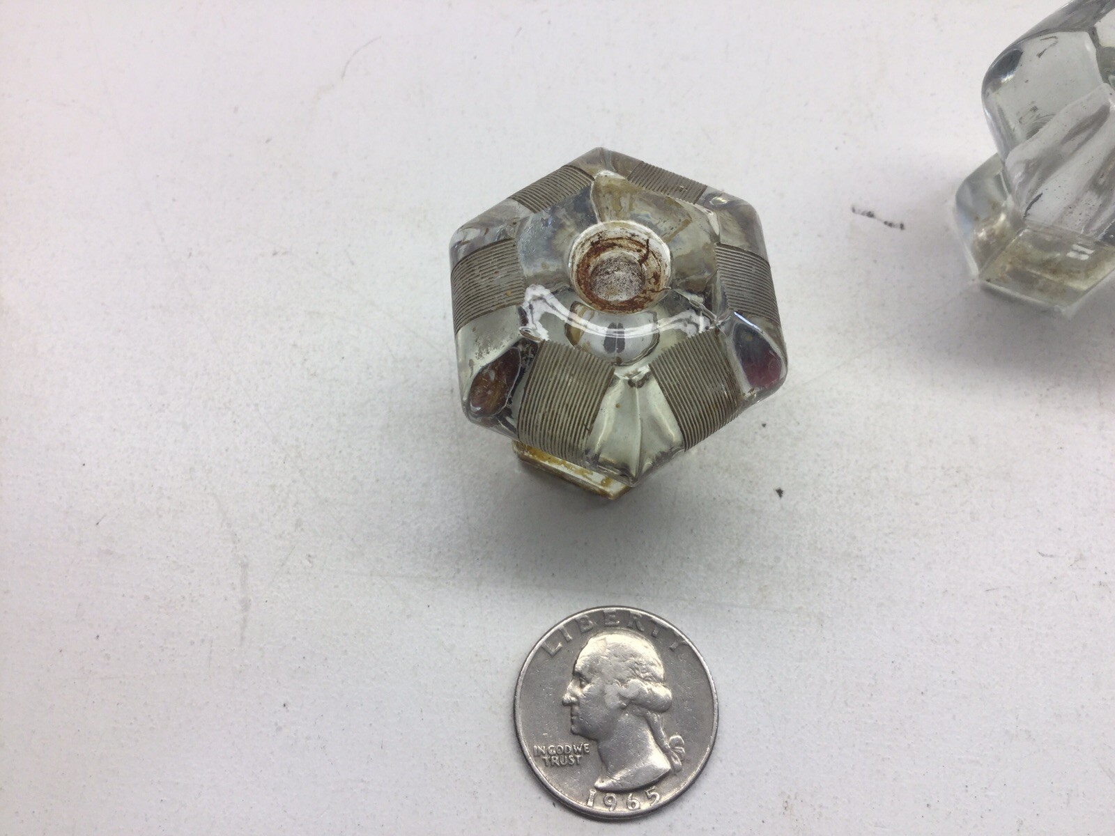 3 Vintage Hexagon Glass Knob Drawer Pulls One Etched