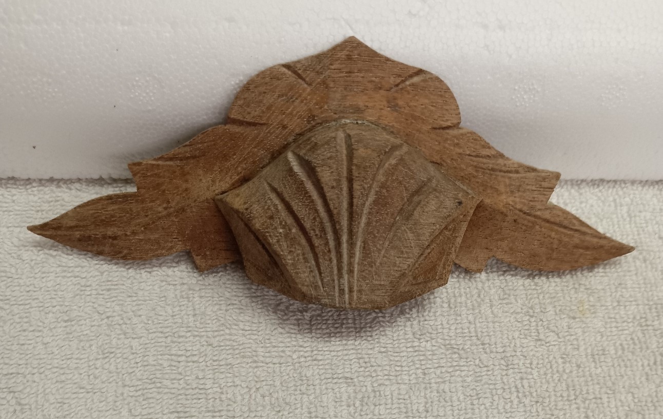 ANTIQUE WALNUT CARVED LEAF PATTERN DRAWER, BIN, DOOR, HANDLE