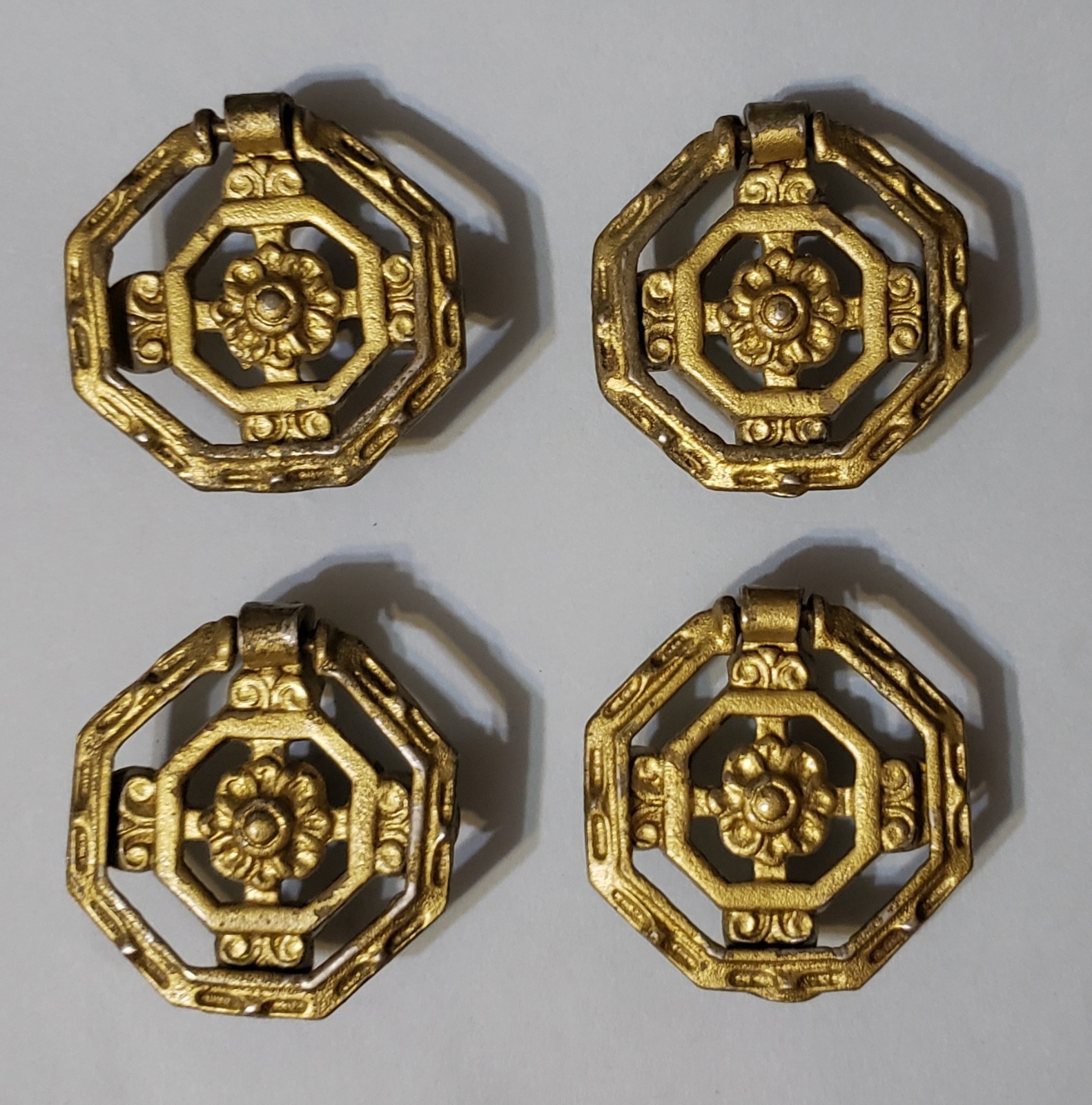 4 Keeler Brass Co Cast Brass Octagonal Ring Pulls F884 Mid-Century 1.75″ x 1.75″
