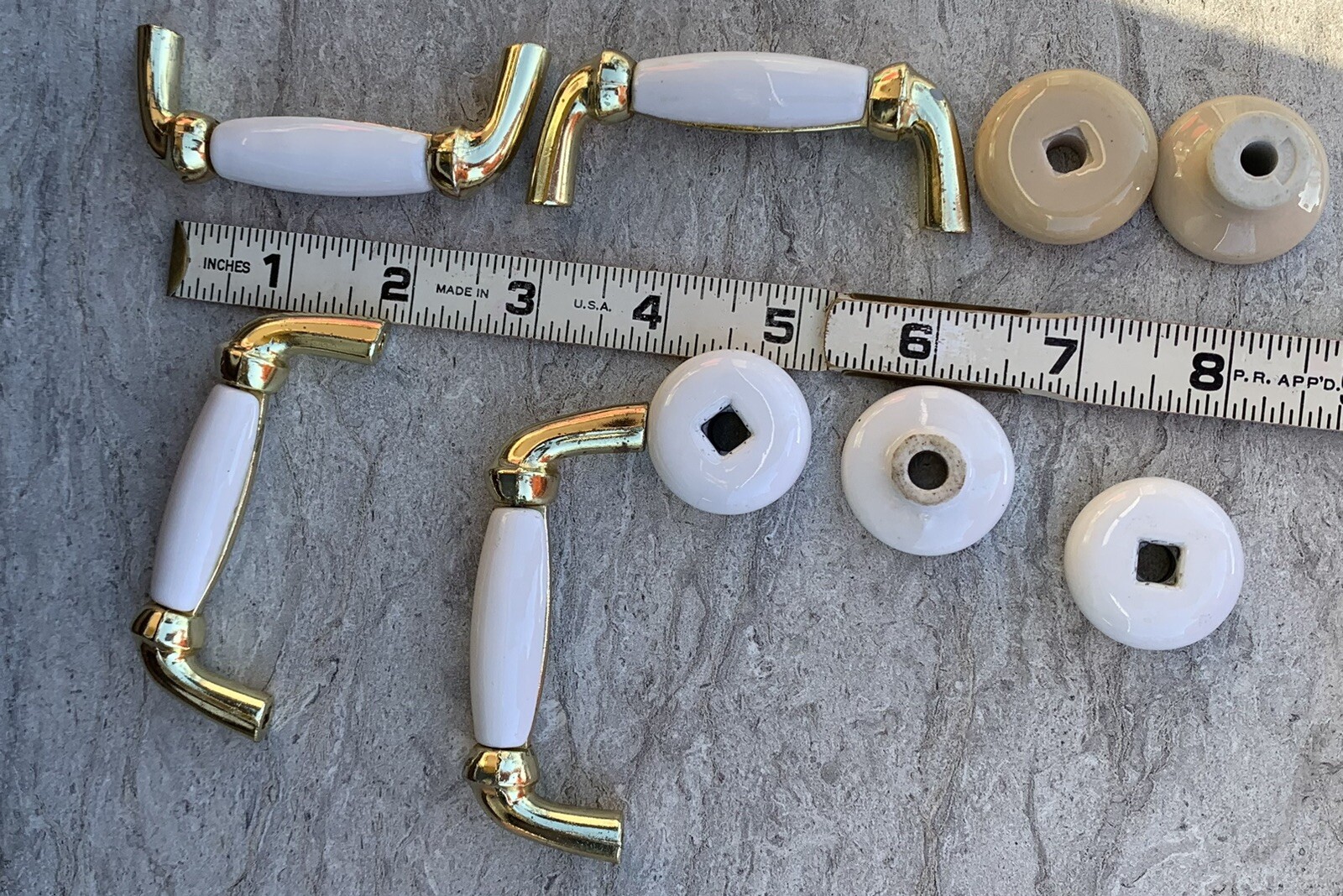 PORCELAIN HANDLES PULLS 4 Brass Handles 5 Pulls LOT OF 9 Mixed White Beige