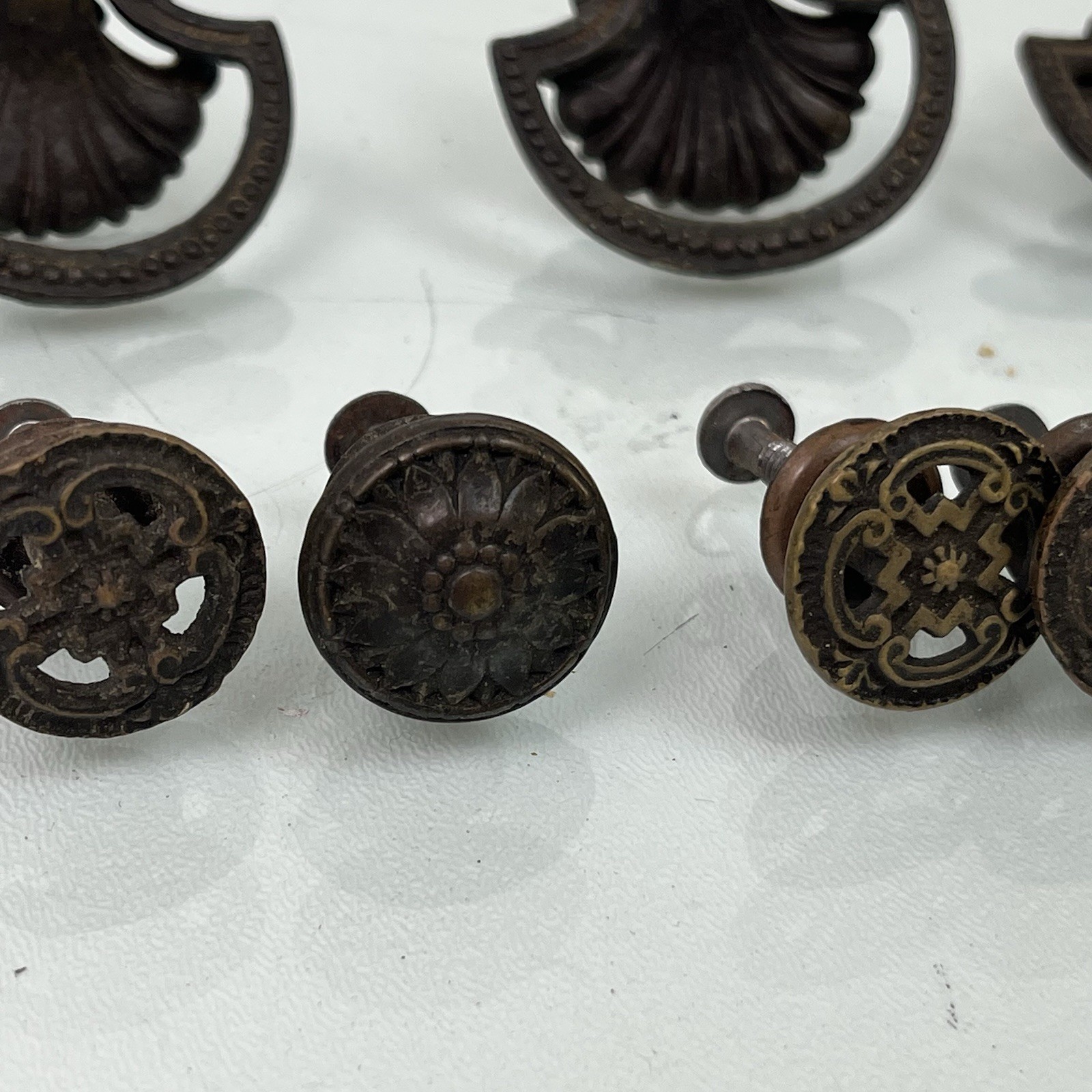 Vintage Victorian Art Nouveau Aged Brass Drawer Drop Pull Shell w/ Knobs LOT
