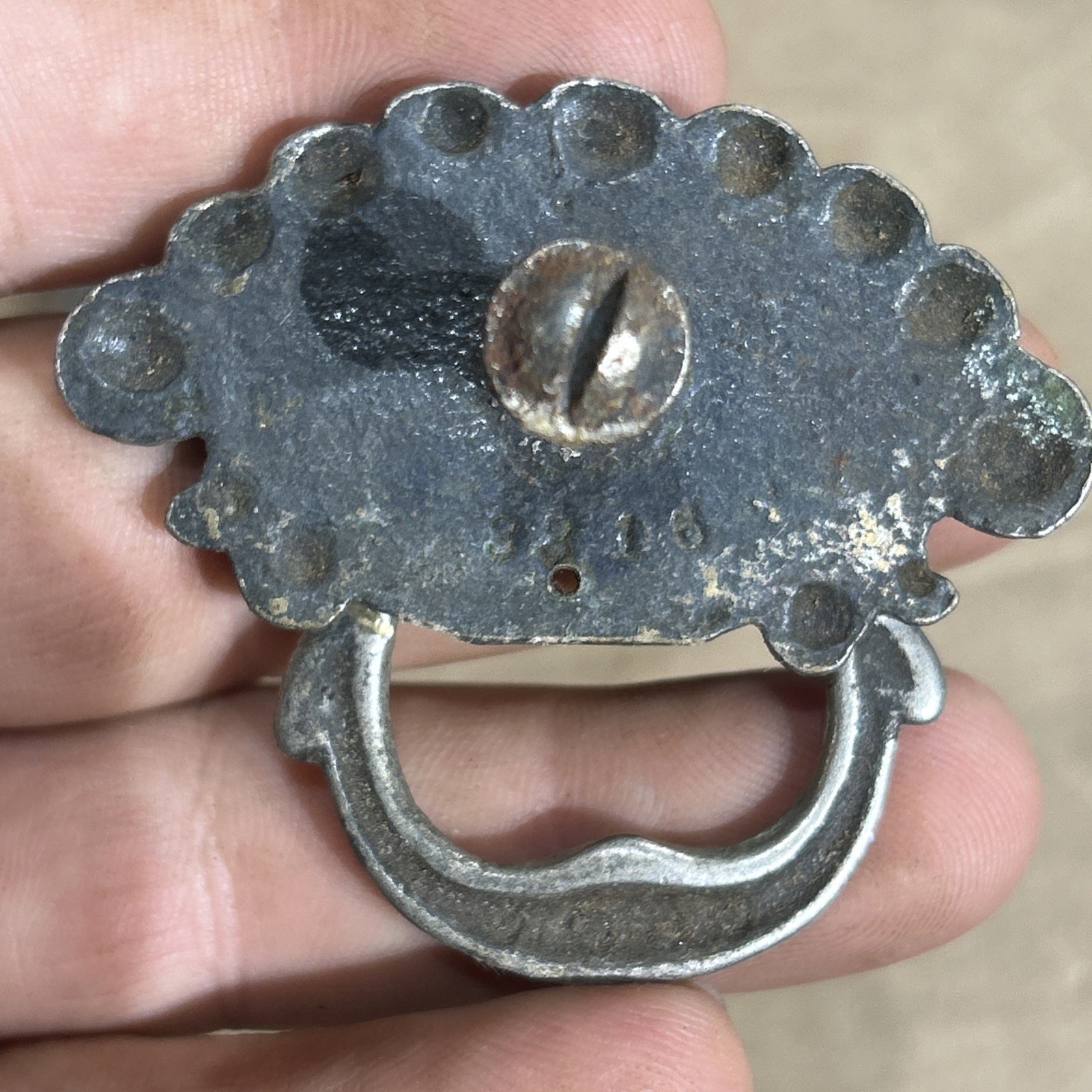 VICTORIAN Nickel Drawer Pull Antique Hardware Drop Ring Shell Knob Lot Of 3 3316