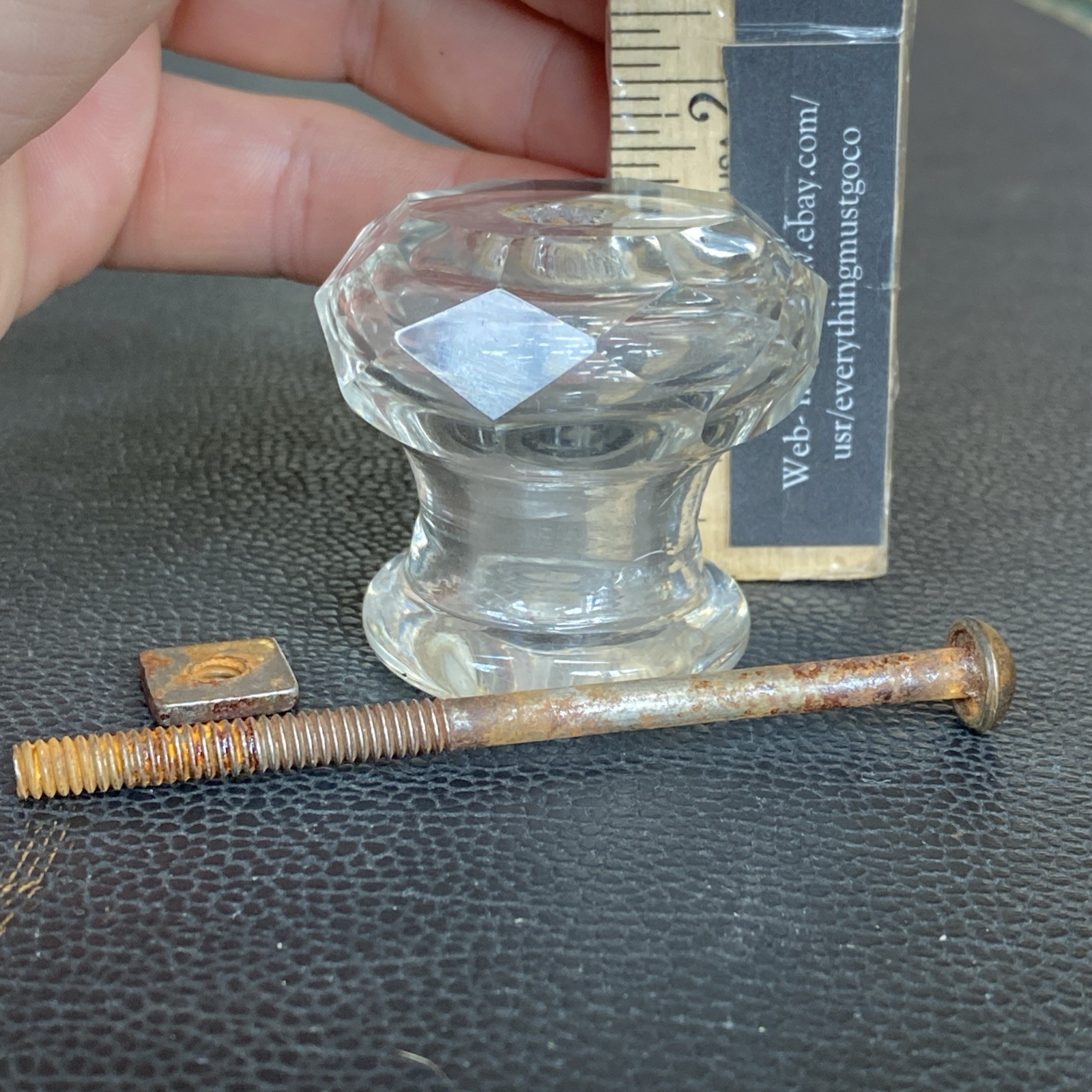 Faceted 1.75”x1-5/8” Antique Pressed Clear Glass Sandwich Drawer Pull Post Bolt