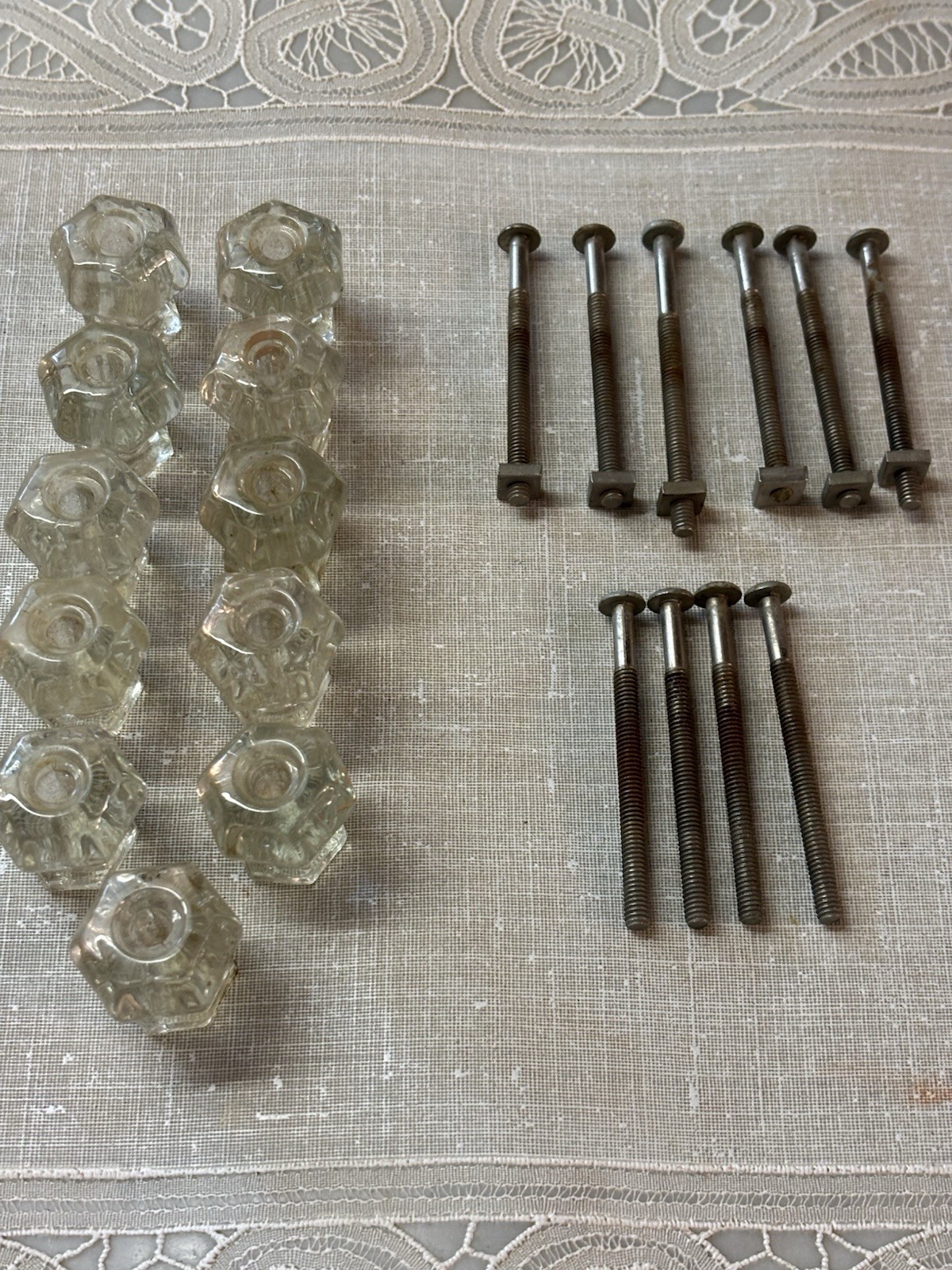 Vtg Set Of 10 Hexagon Shape Clear Glass Drawer Cabinet Pulls With Screws 40’s