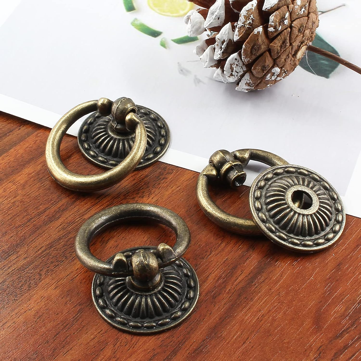 6Pcs Vintage Bronze Drop Ring Knobs, Antique Drawer Pull Round Handle Style 1