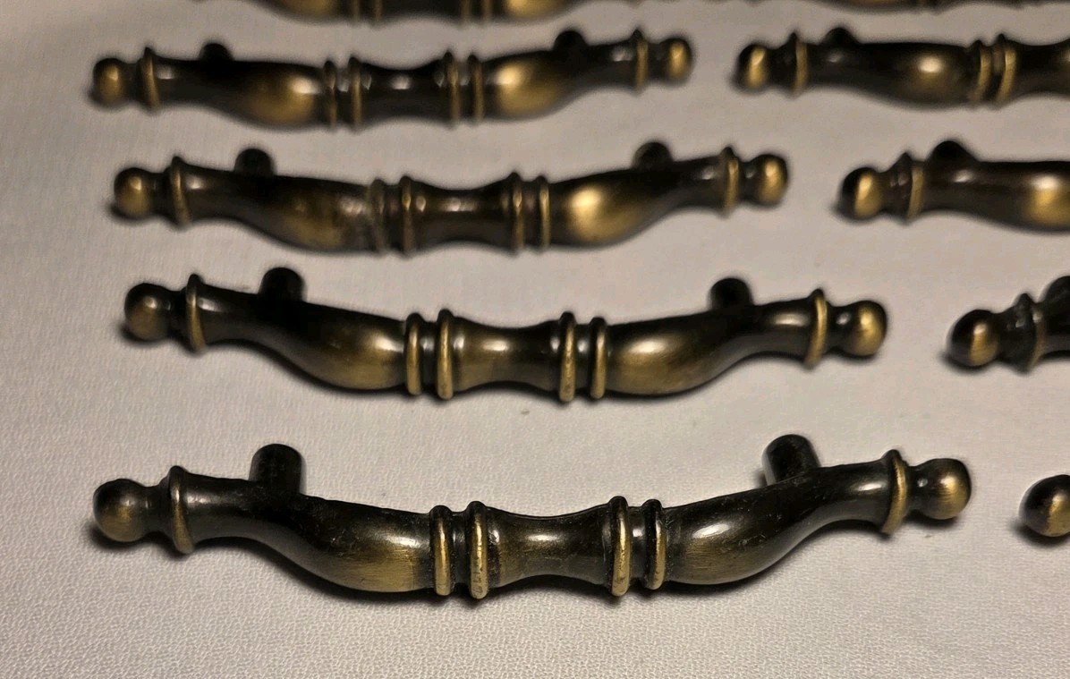 10 Colonial Drawer Pulls Handles Dark Brass 3″ Centers Vtg MCM