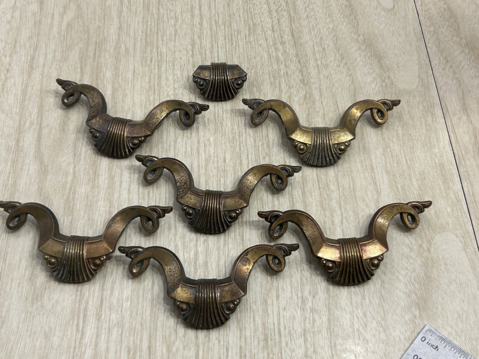 ART DECO Brass Drawer Pulls Set 7 AB London England