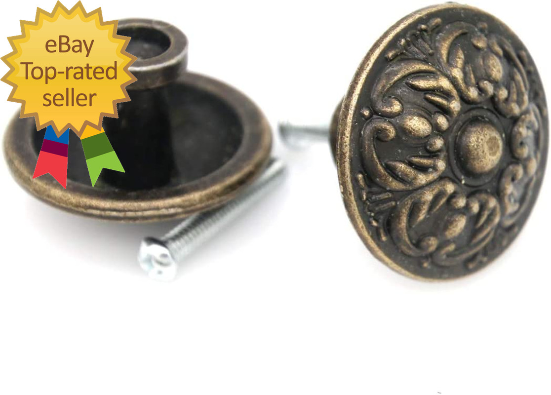 6 Pcs Vintage Antique Brass Knobs Handles Pulls with Flower Pattern for Cabinet