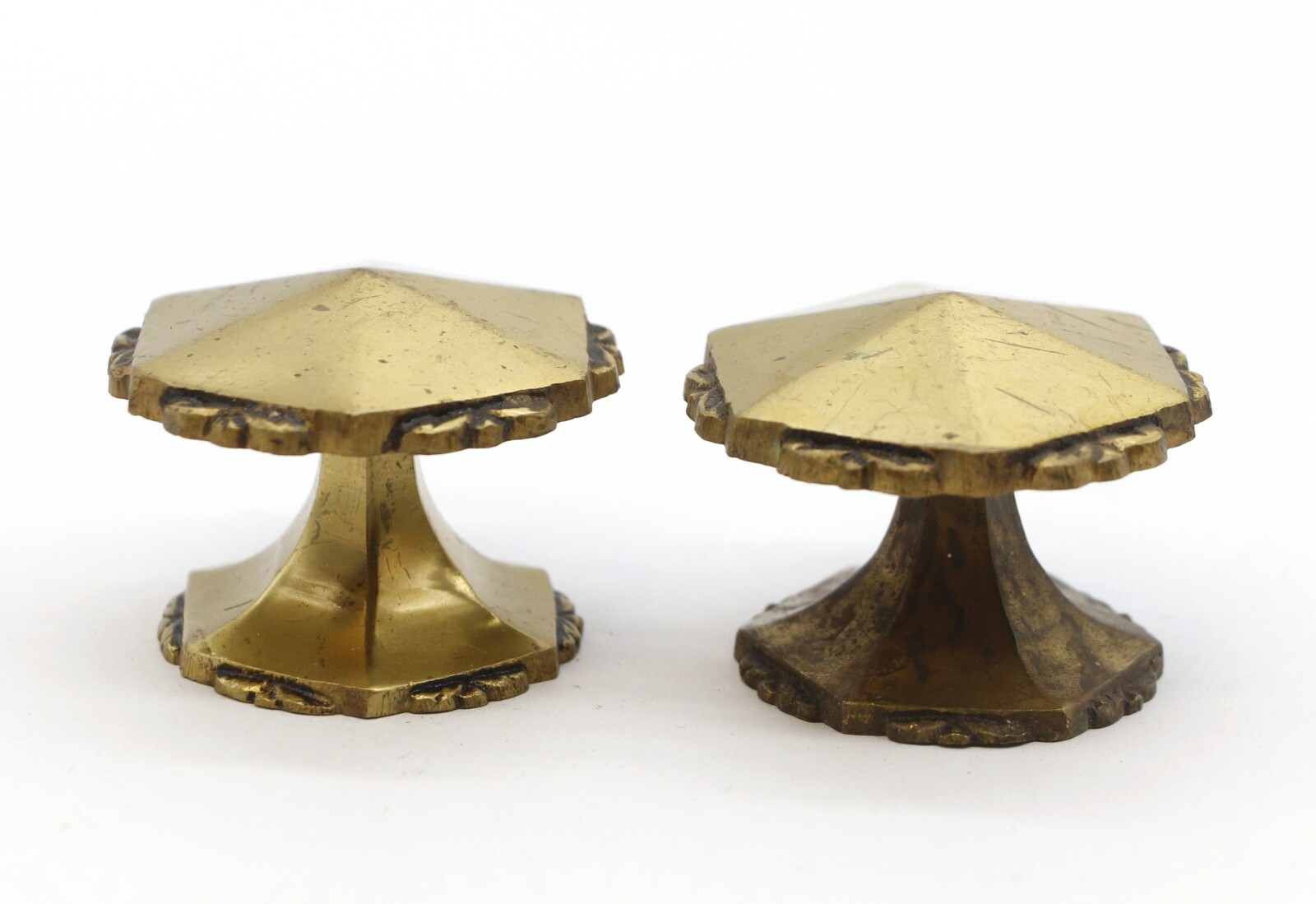 Pair of Vintage 2 in. Hexagon Scalloped Brass Cabinet Drawer Knobs
