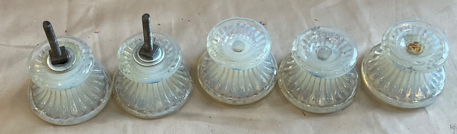 Antique Opalescent Glass Drawer Pull, Knobs – set of 5