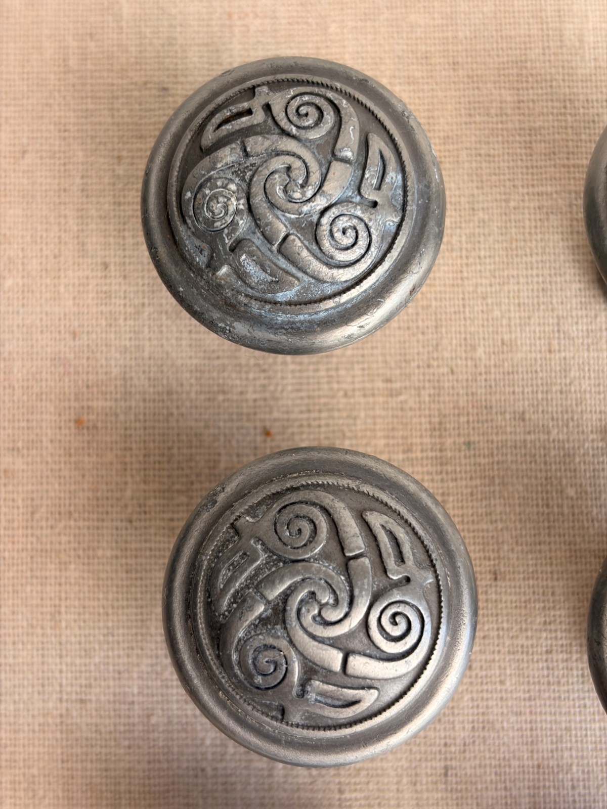 Set of 6 Celtic Triskele Drawer or Cabinet Pulls Lindisfarne Spiral Pewter Finis