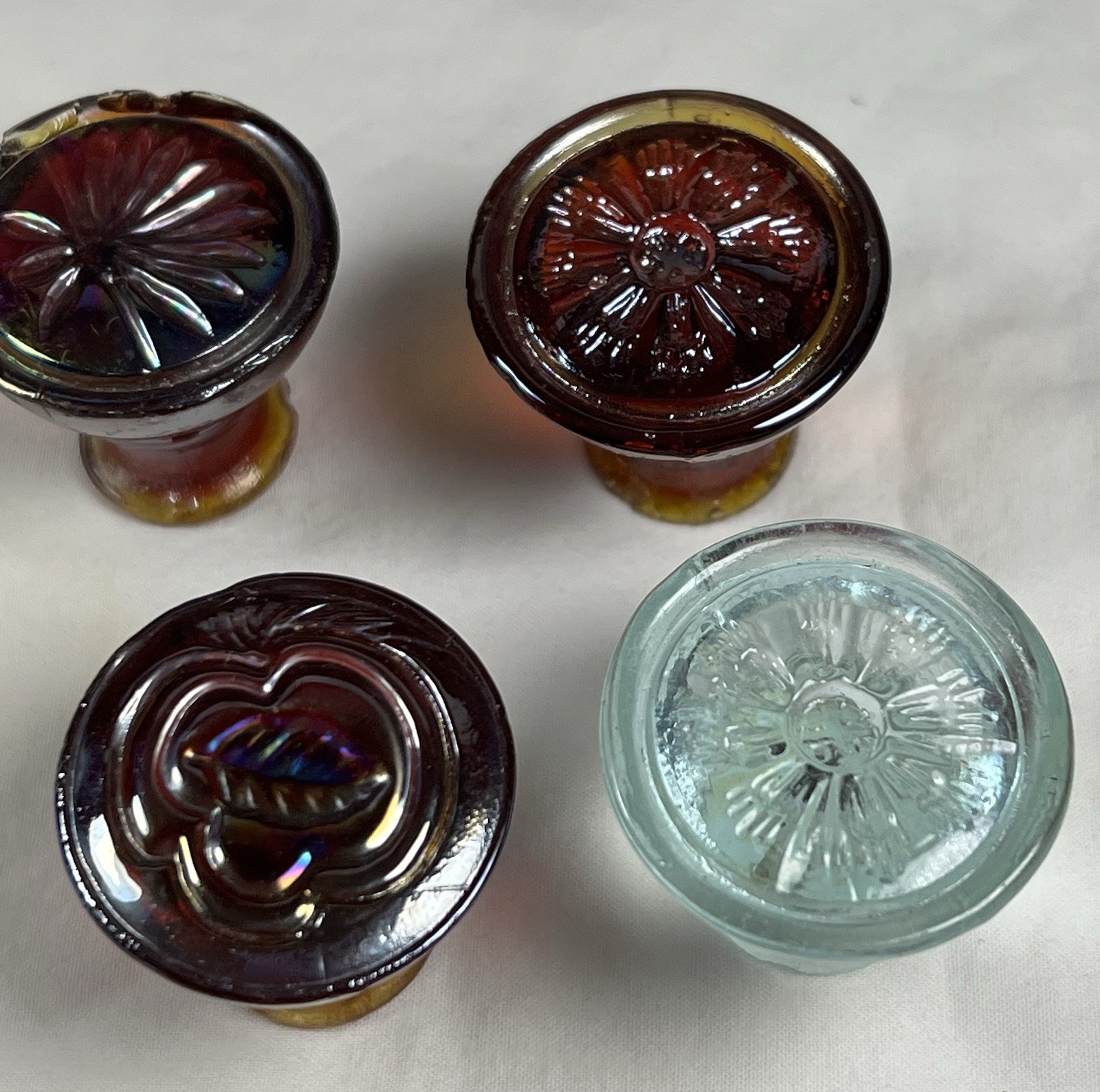 Vintage Glass Cabinet Knobs, 3 reddish Orange, One Greenish Clear,1 1/4 Inch