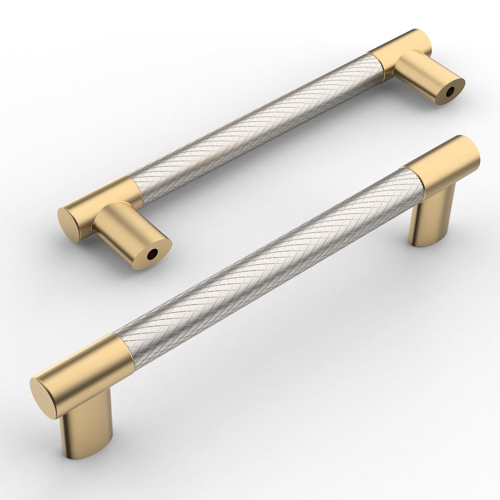 Amerdeco 10 Pack Brushed Nickel And Gold Knurled Cabinet Pulls 6.3 Inch Hole