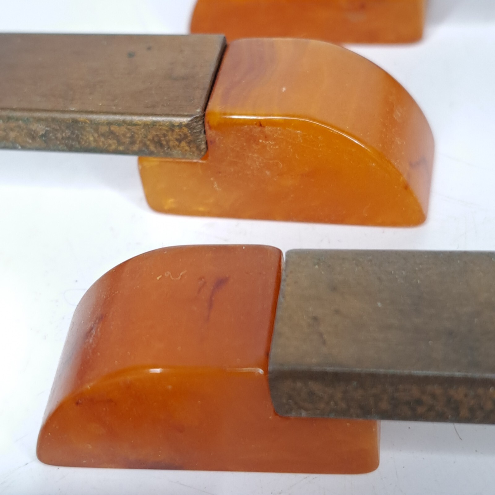 9 Antique ART DECO Butterscotch Bakelite Brass Plated Bar Drawer Pulls Reclaimed