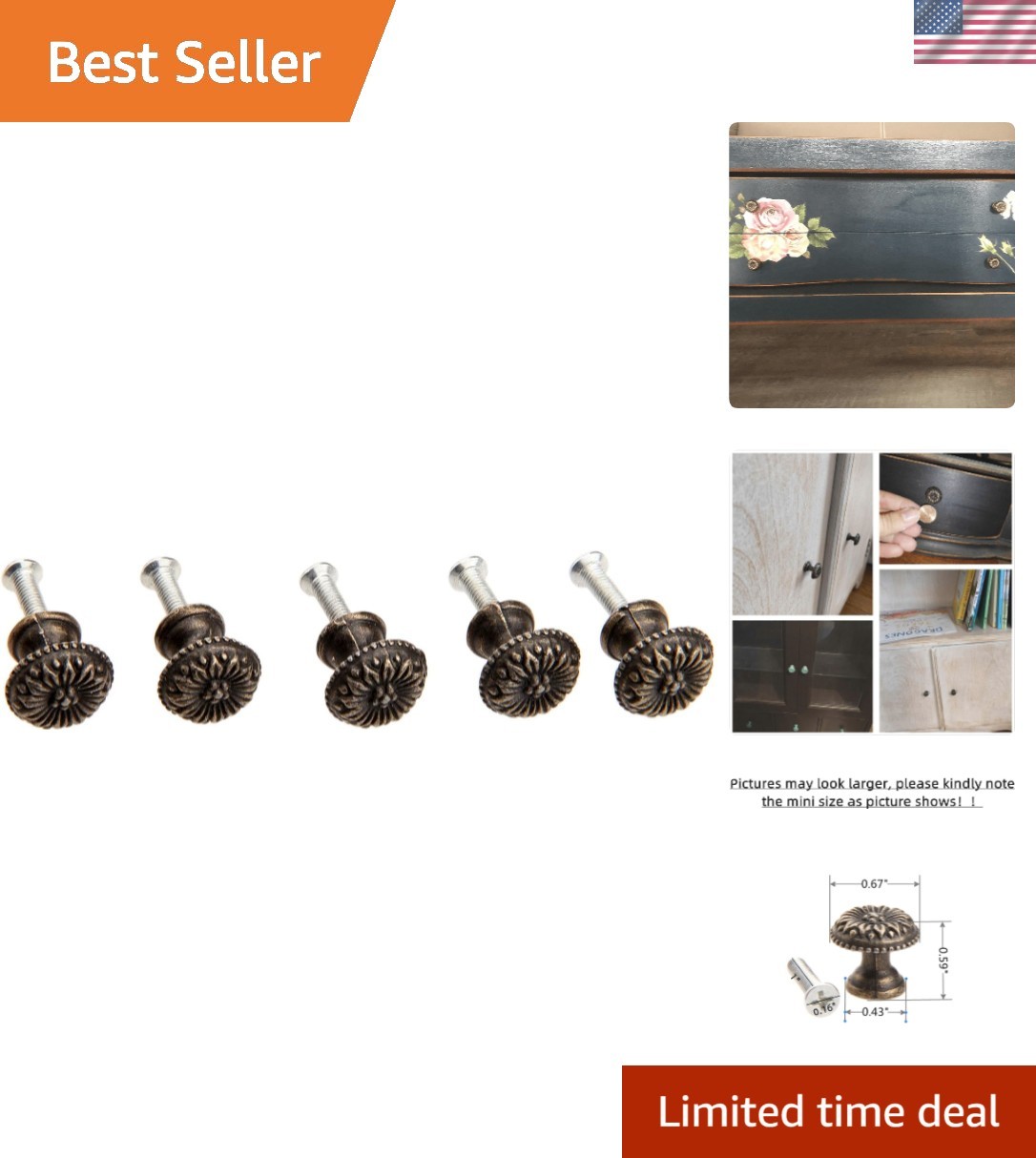 Set of 5 Vintage Style Brass Knobs – Perfect for Cabinets & Jewelry Boxes