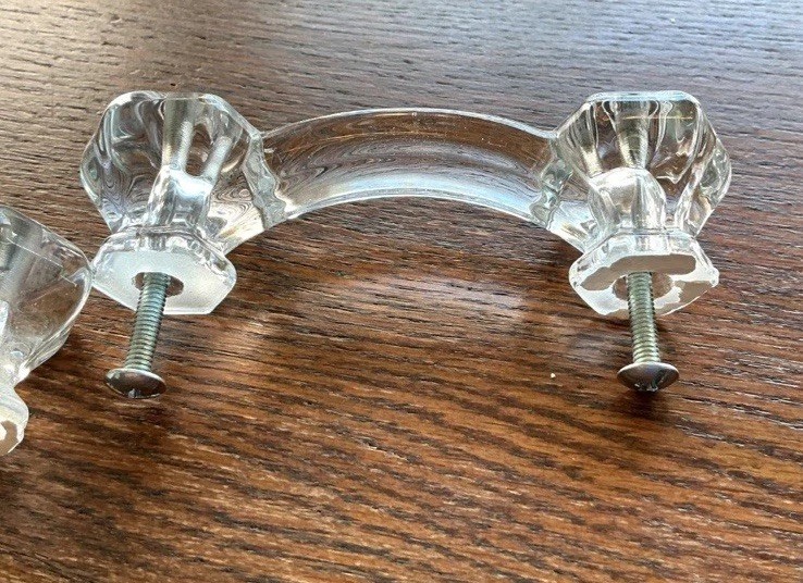 Hexagon Curved Clear Glass Drawer Handles Pulls 3” Centers Screws Set of 6 New