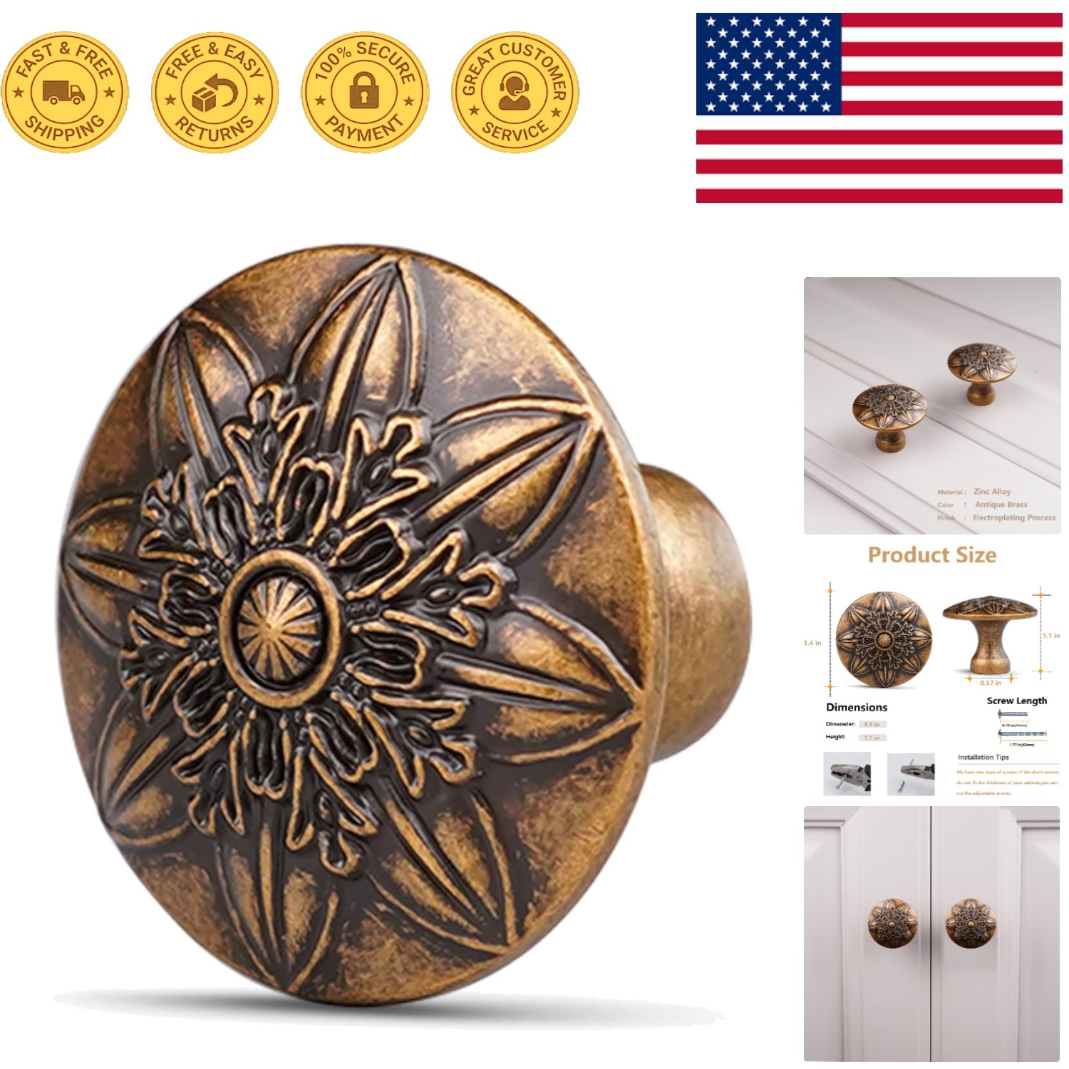 Vintage Antique Brass Knob Set, Floral Design – 10 Pack for Cabinets & Drawers