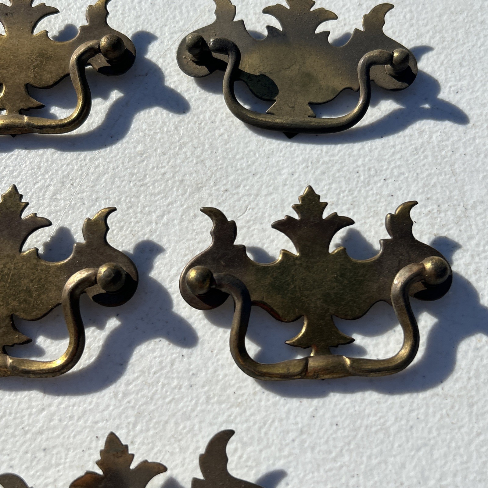 Lot Of 7 Flat Bat Drop Bail Pull Handle Solid Dark Aged Brass 3 3/4” Vintage