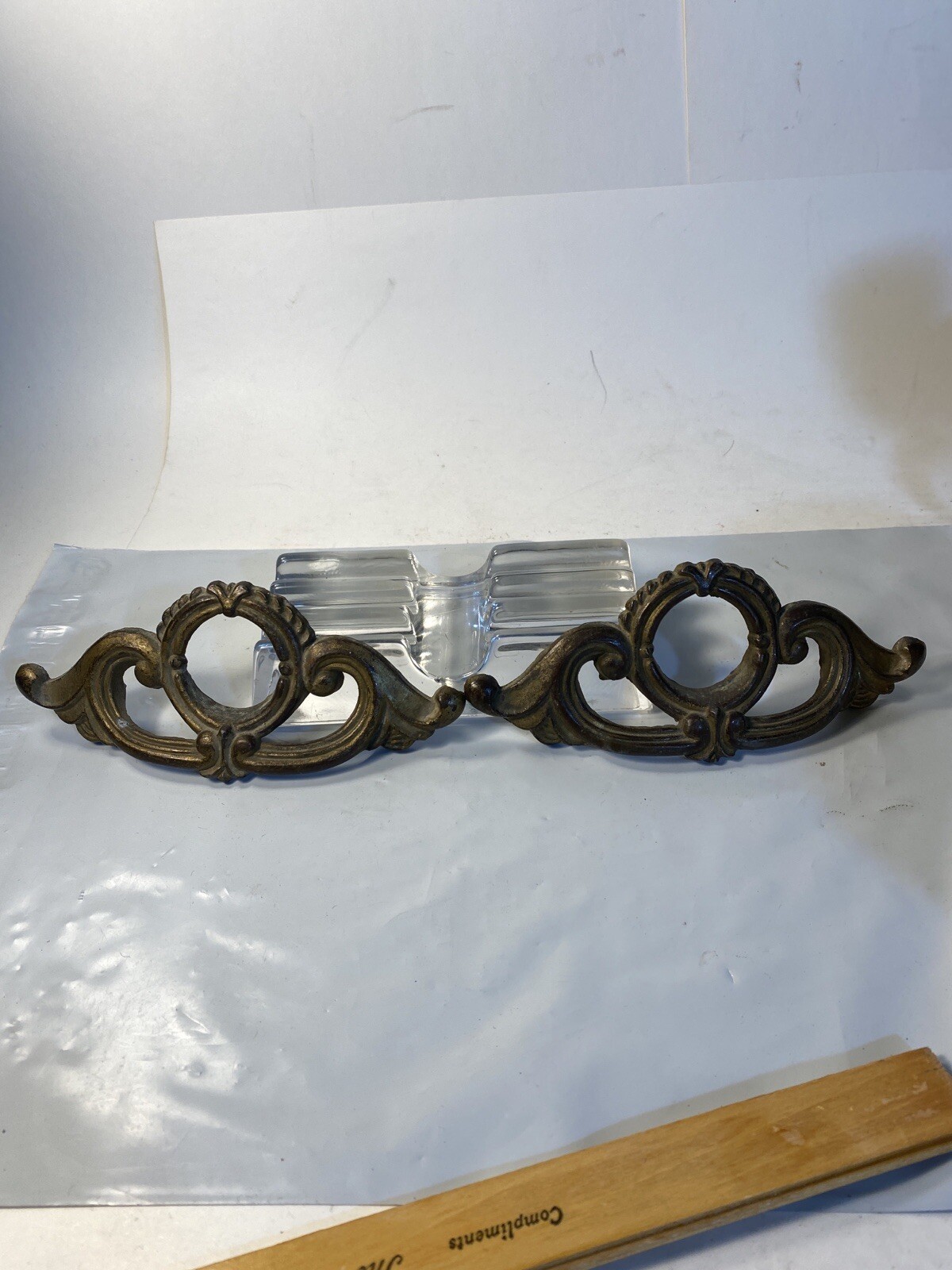 Antique Pair French Provincial Handles Solid Brass 6” Wide 4” Between Screw