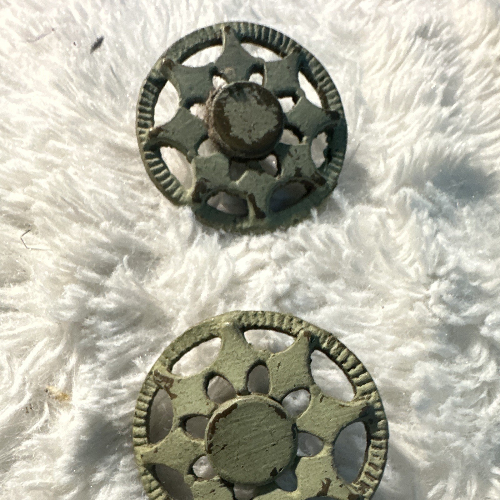 Lot of 2 Floral Metal Drawer Pulls, Green Patina, Openwork Round Design