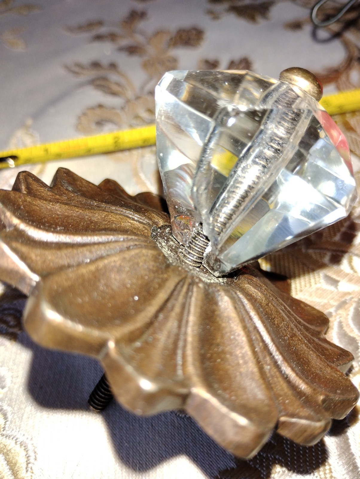 Vintage Hexagonal Clear Glass Knob Brass Floral Rosette Handle Pull READ