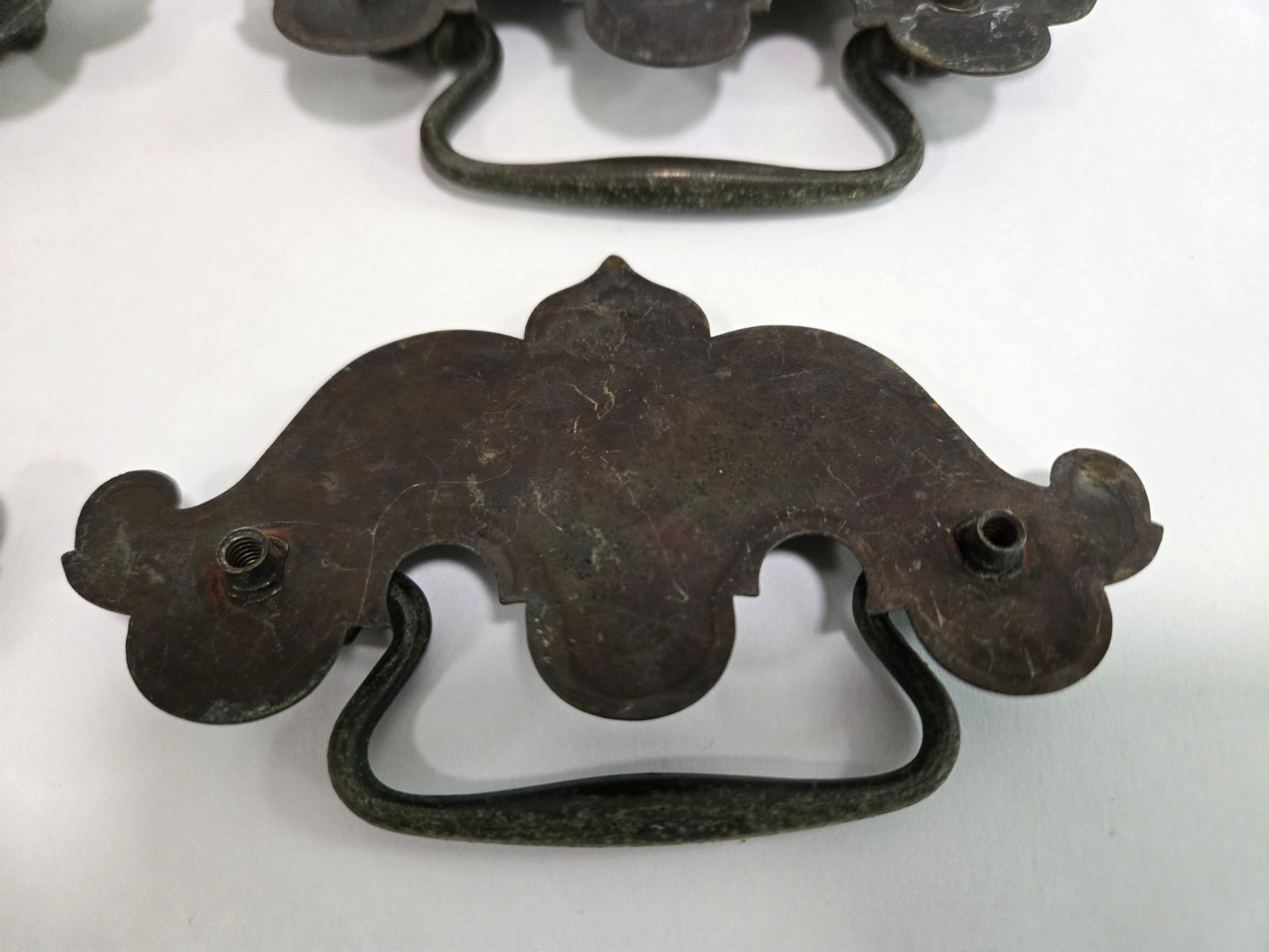 Vtg Set of 6 Drop Bail Drawer Pulls Solid Brass Dresser 4 1/2”x 2 1/2″ No Screws
