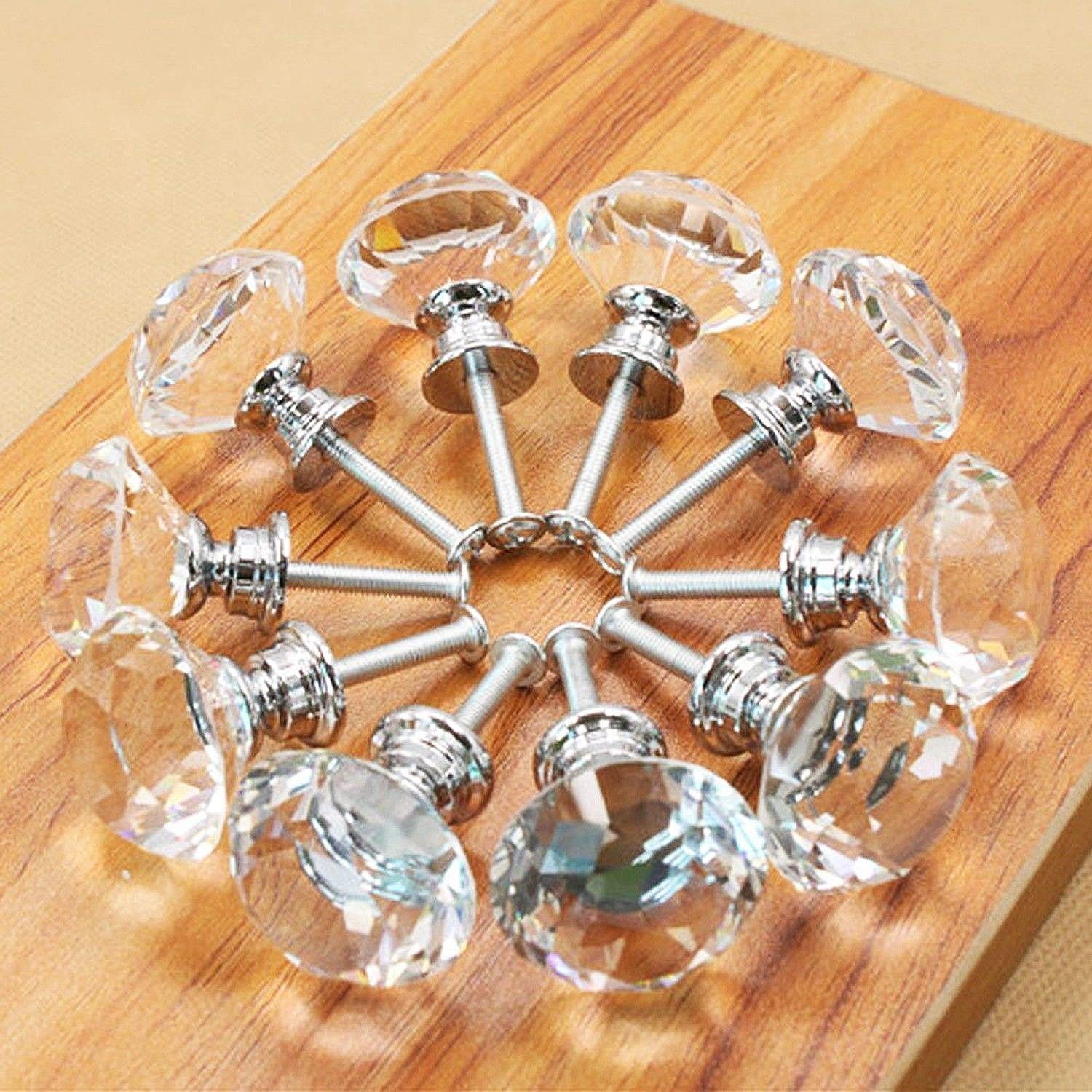 10 Pcs White Clear Crystal Glass Cabinet Knobs 30mm Diamond Shape Drawer Kitc…