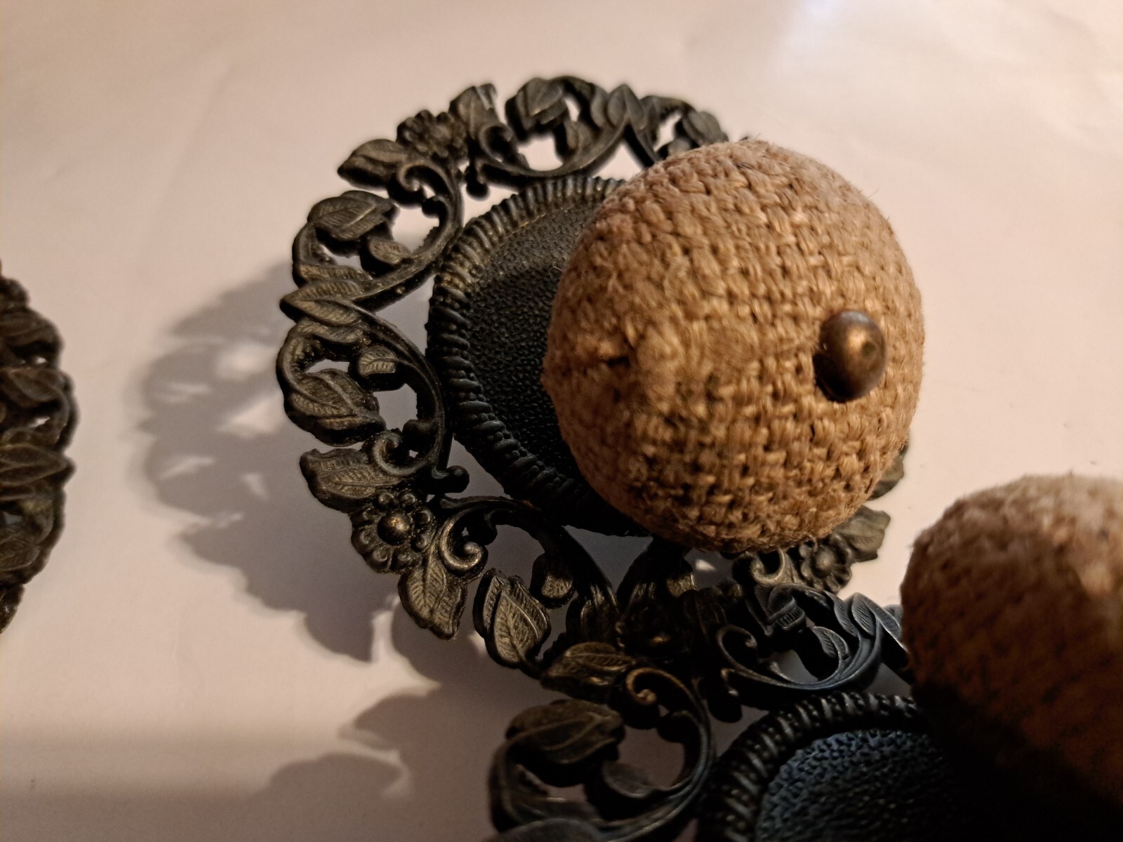 6 Allison Cabinet Drawer Pulls Japan Brass Jute Ball Flower Daisey 3 1/4 Shabby