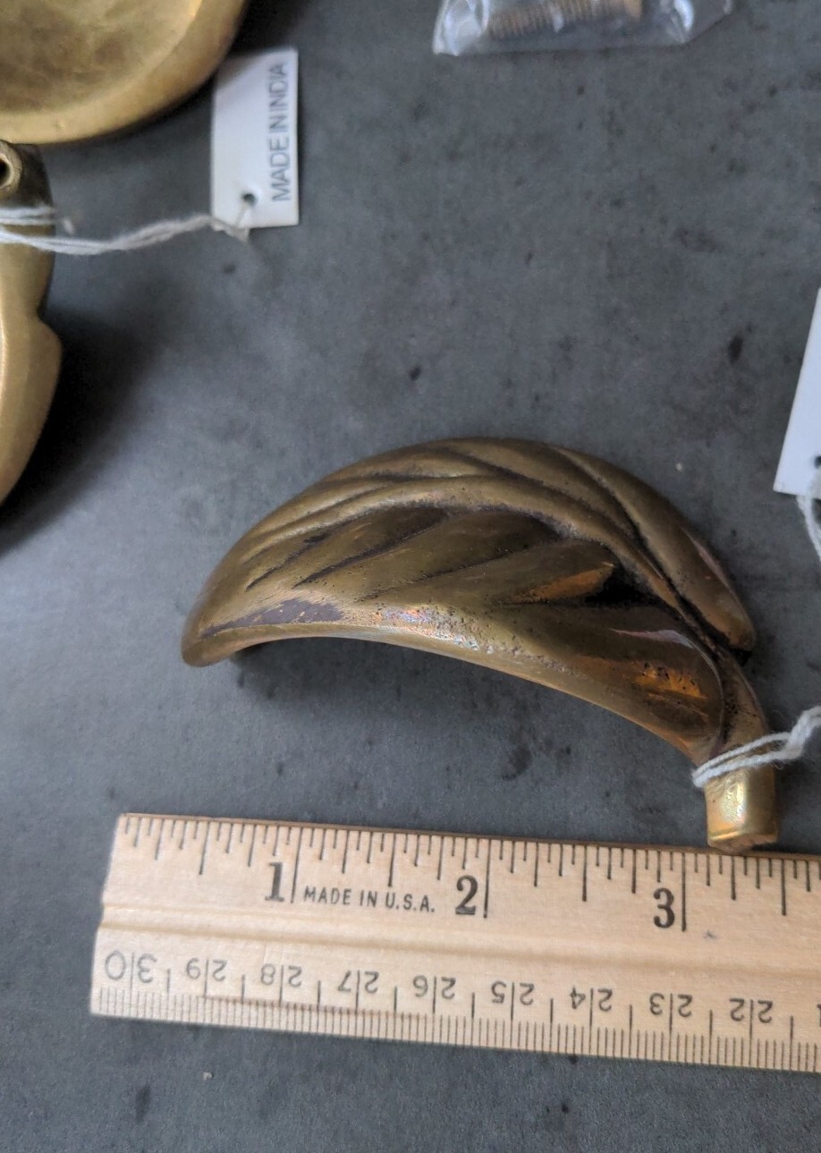 3 Vintage Brass Hardware Drawer Pulls Curved Lilac Leaf Art Deco Anthropologie