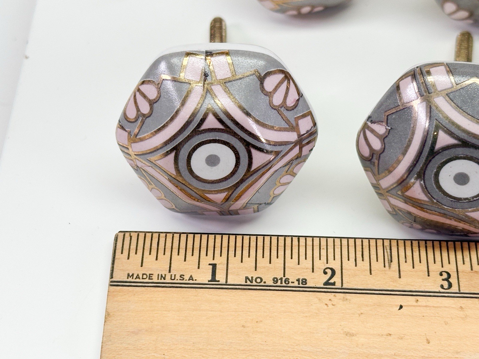 (11) Vintage Pink Grey Gold Geometric Nouveau Drawer Pulls Girly 1.5” Shaft Cute