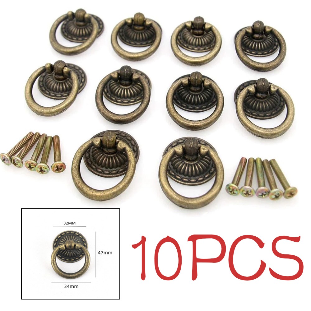 10x Vintage Antique Brass Ring Pulls Handles for Cabinet Drawer