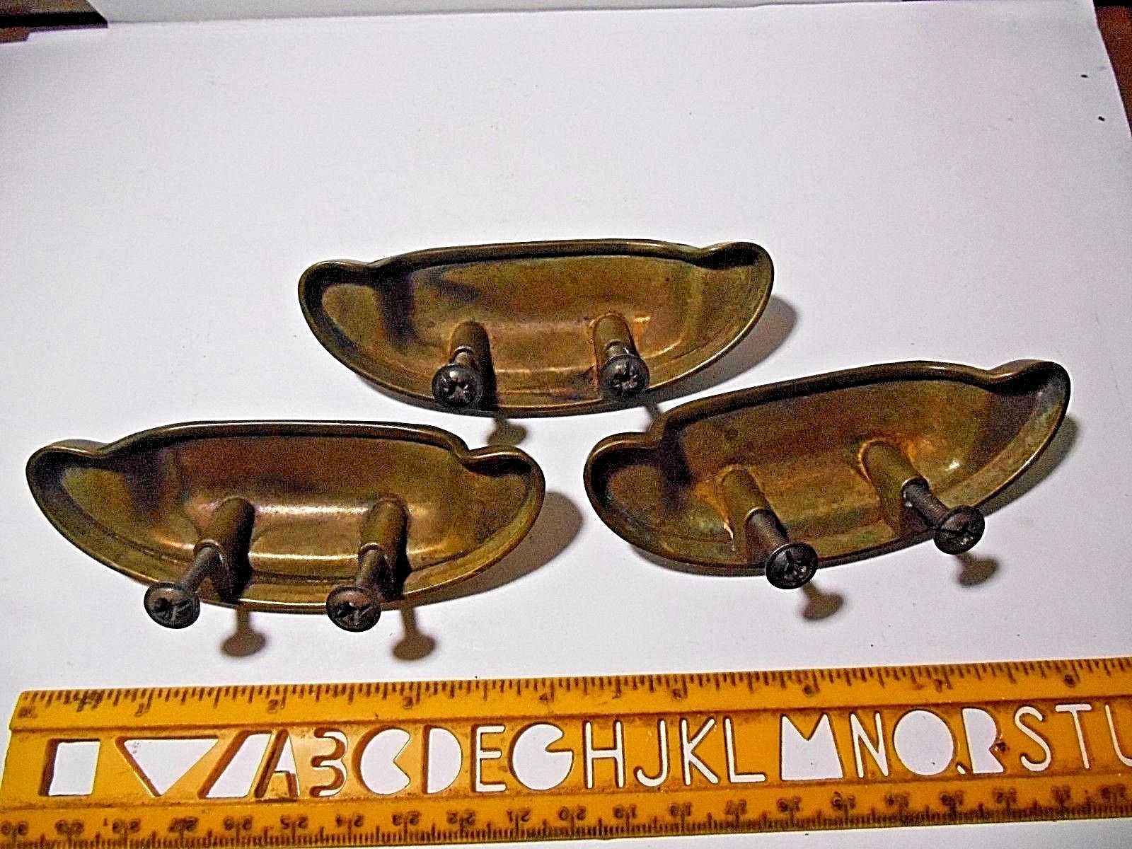 LOT OF 3 BRASS TONED DIE-CAST METAL DRAWER PULLS OR HANDLES WITH SCREWS