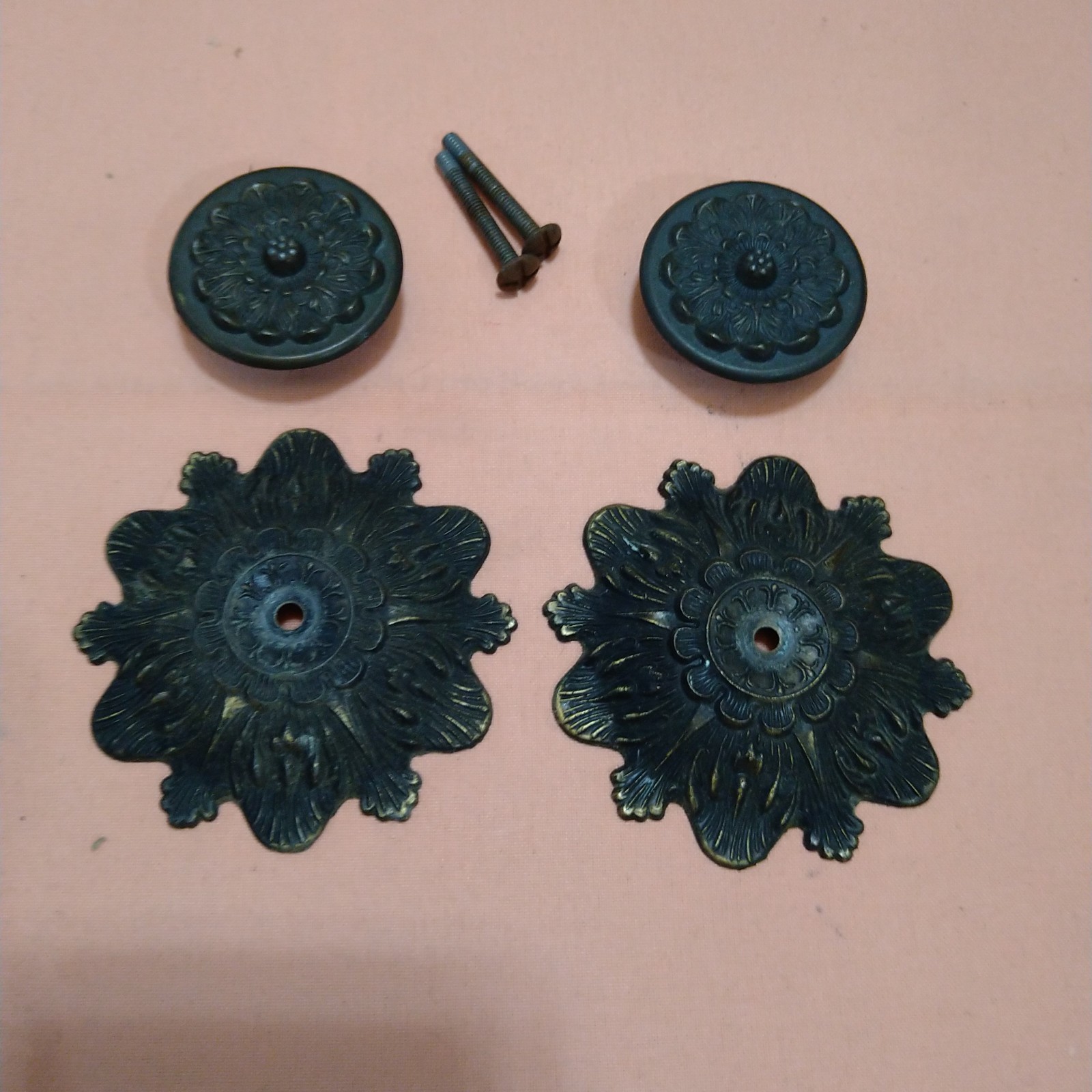 M.C. Co Victorian Cottage Embossed Round Knobs Draw Pulls & Backplates Lot Of 2