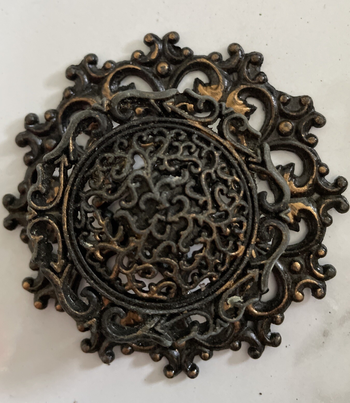 Vintage Drawer Pull W/Backplate (4) Escutcheon Ornate Filagree Brass From Japan