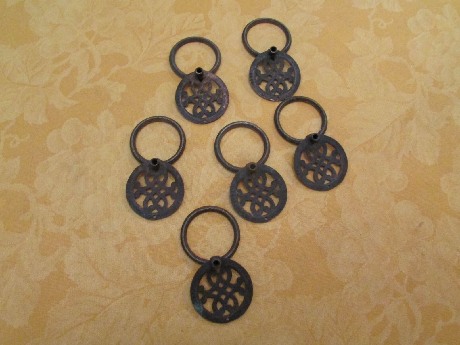 Set of 6 Matching Vintage Round Ornate Metal Brass Drawer Furniture Pulls w/bail