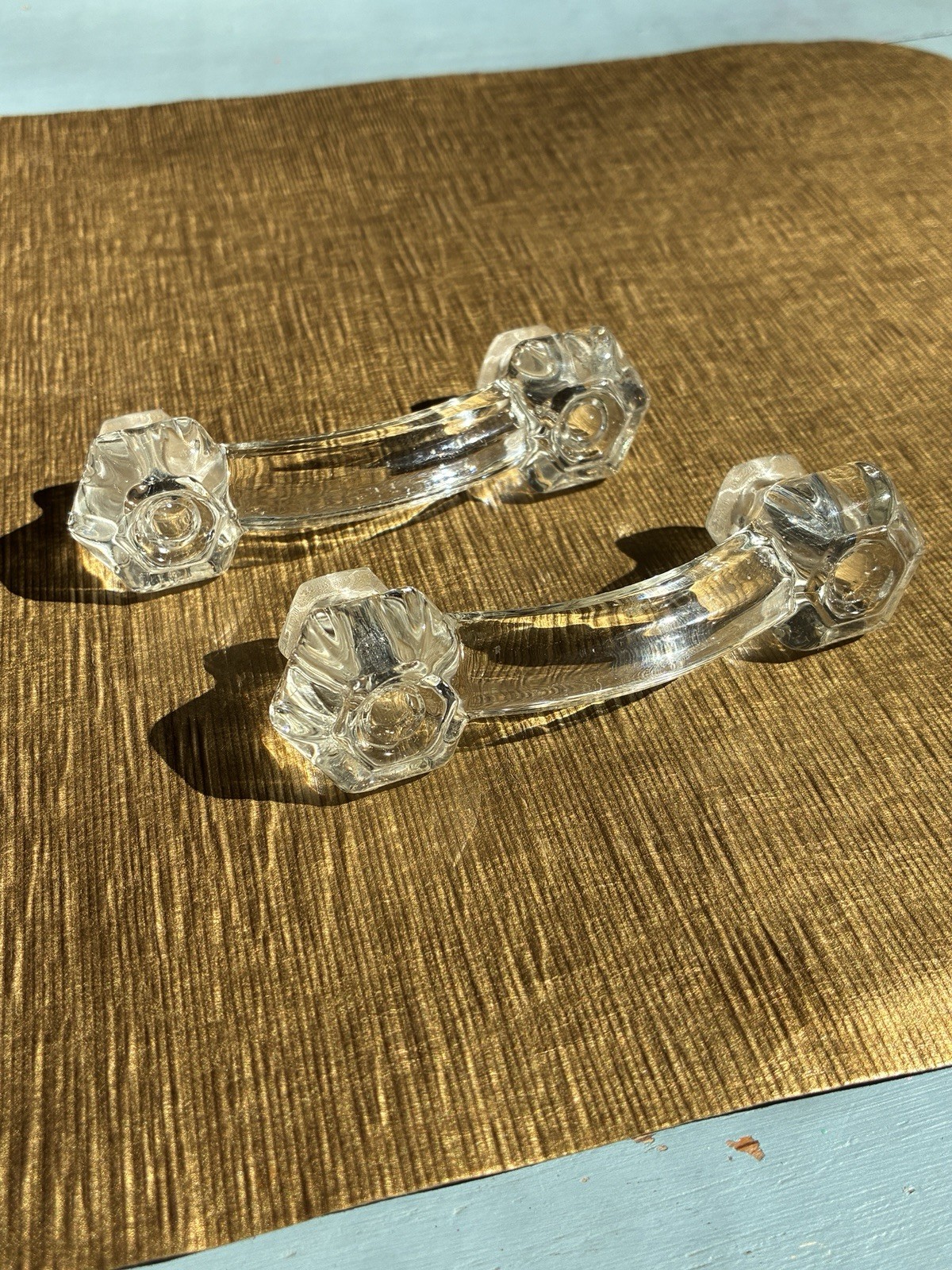 Pair of 2 Antique Clear Glass 4 in. Hexagon Bridge Drawer Pulls from 1940s House