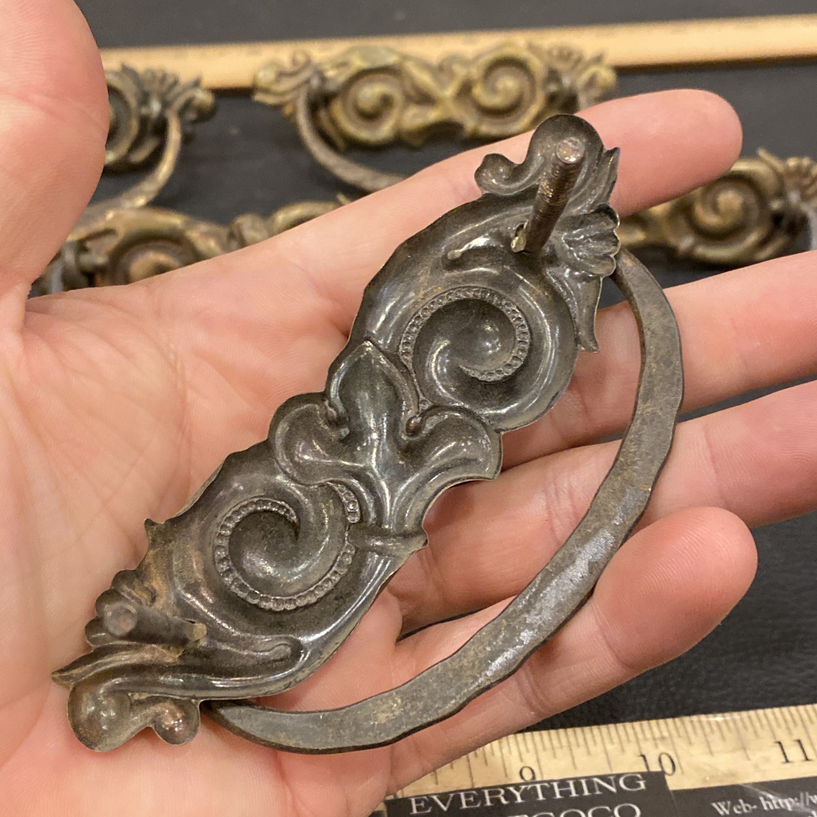 8 Antique Drop Bail Pulls Ornate Nouveau Scroll Fleur De Lis French Lily Flower