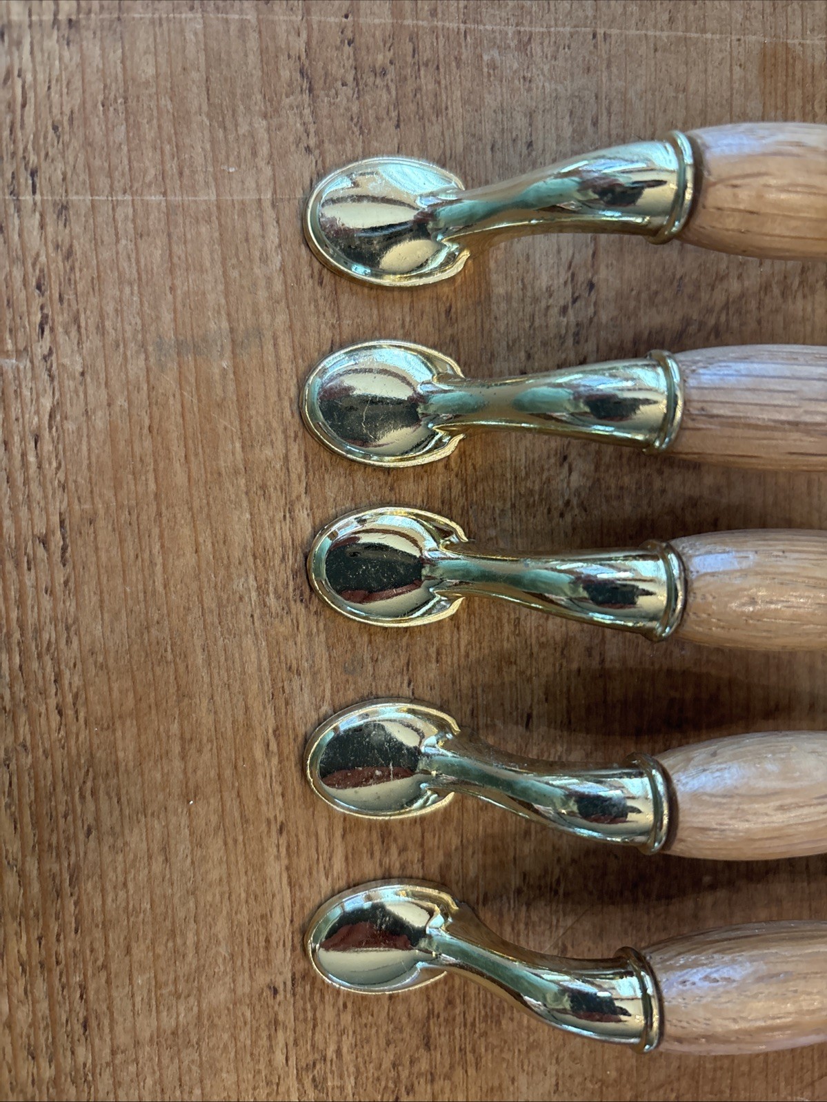 5 Drawer Pull Handles Brass & Wood Fixed Grip 5″ Wide