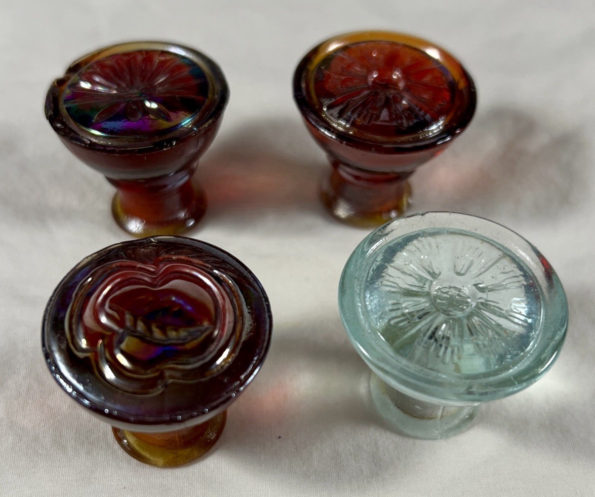 Vintage Glass Cabinet Knobs, 3 reddish Orange, One Greenish Clear,1 1/4 Inch