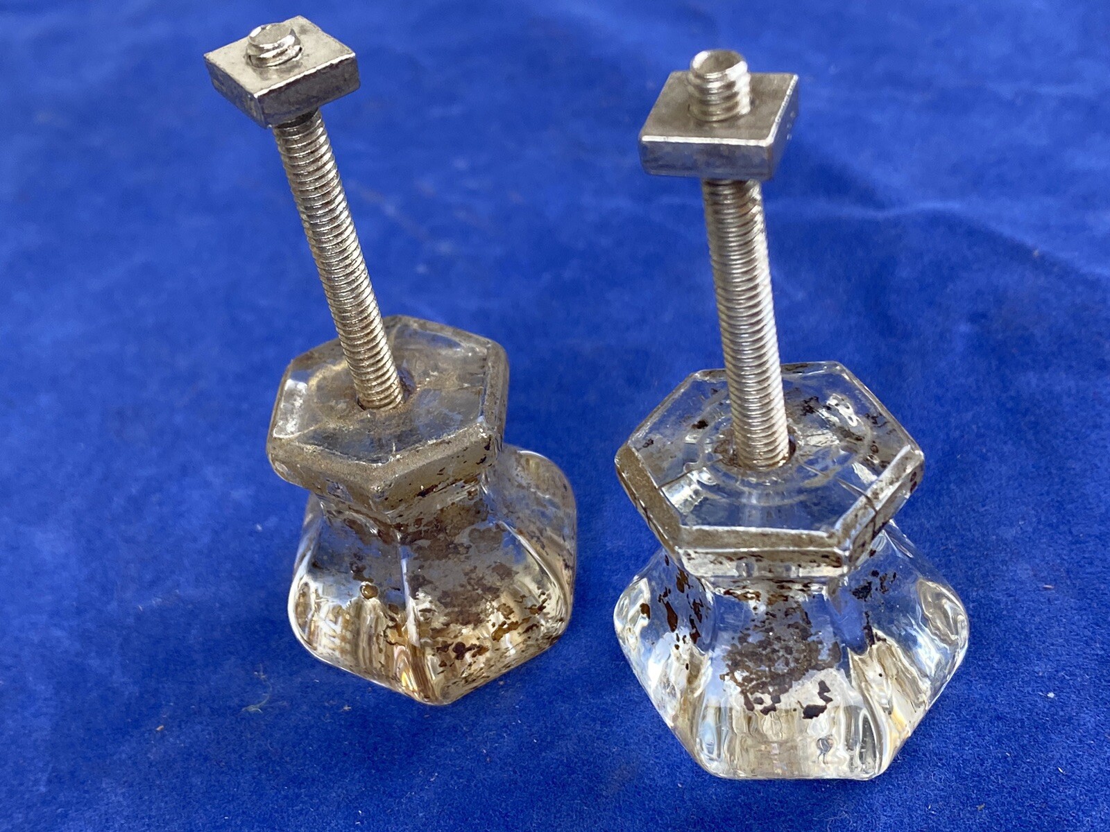 Pair Antique 6 Sided Hexagon Glass Pulls, Cabinet or Drawer Pulls, No Chips!