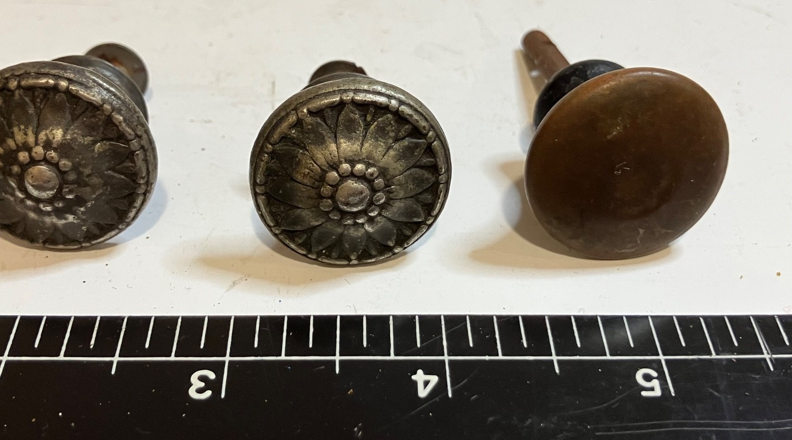 3 Vintage Pewter Round Floral Metal Cabinet Door Knob Drawer Pulls and one plain