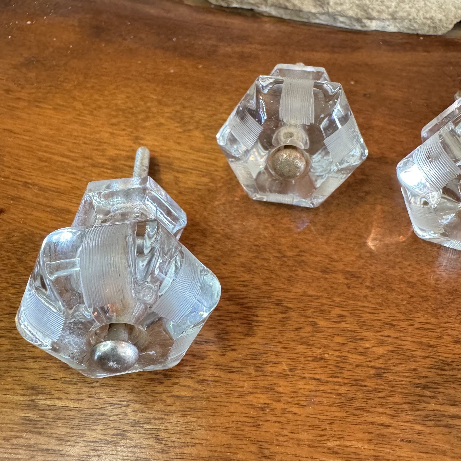 Set of 4 Vintage Hexagon Etched Lined 1.5 in. Glass Drawer Cabinet Knob