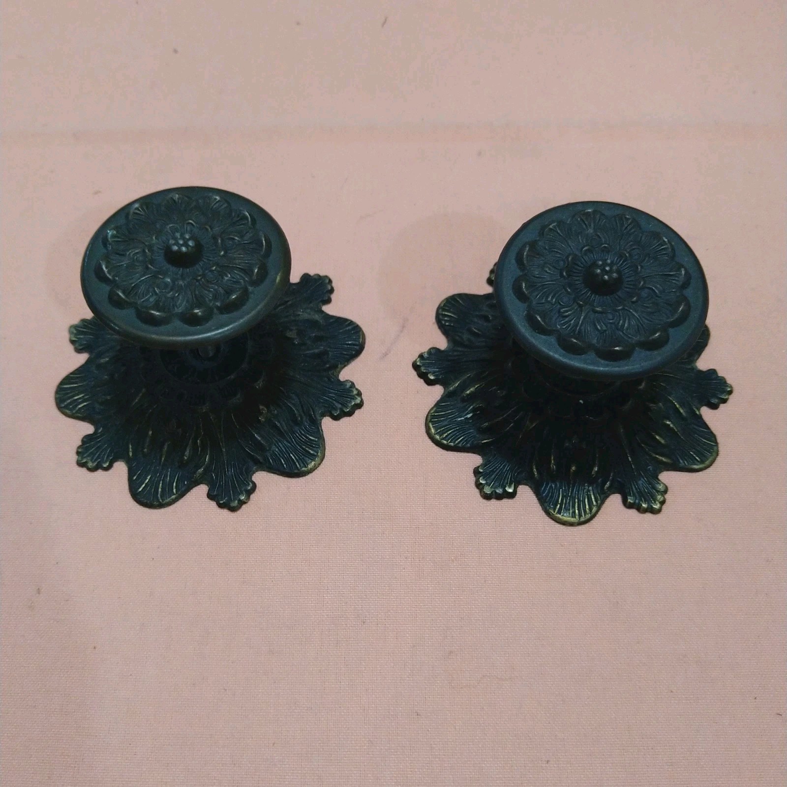 M.C. Co Victorian Cottage Embossed Round Knobs Draw Pulls & Backplates Lot Of 2