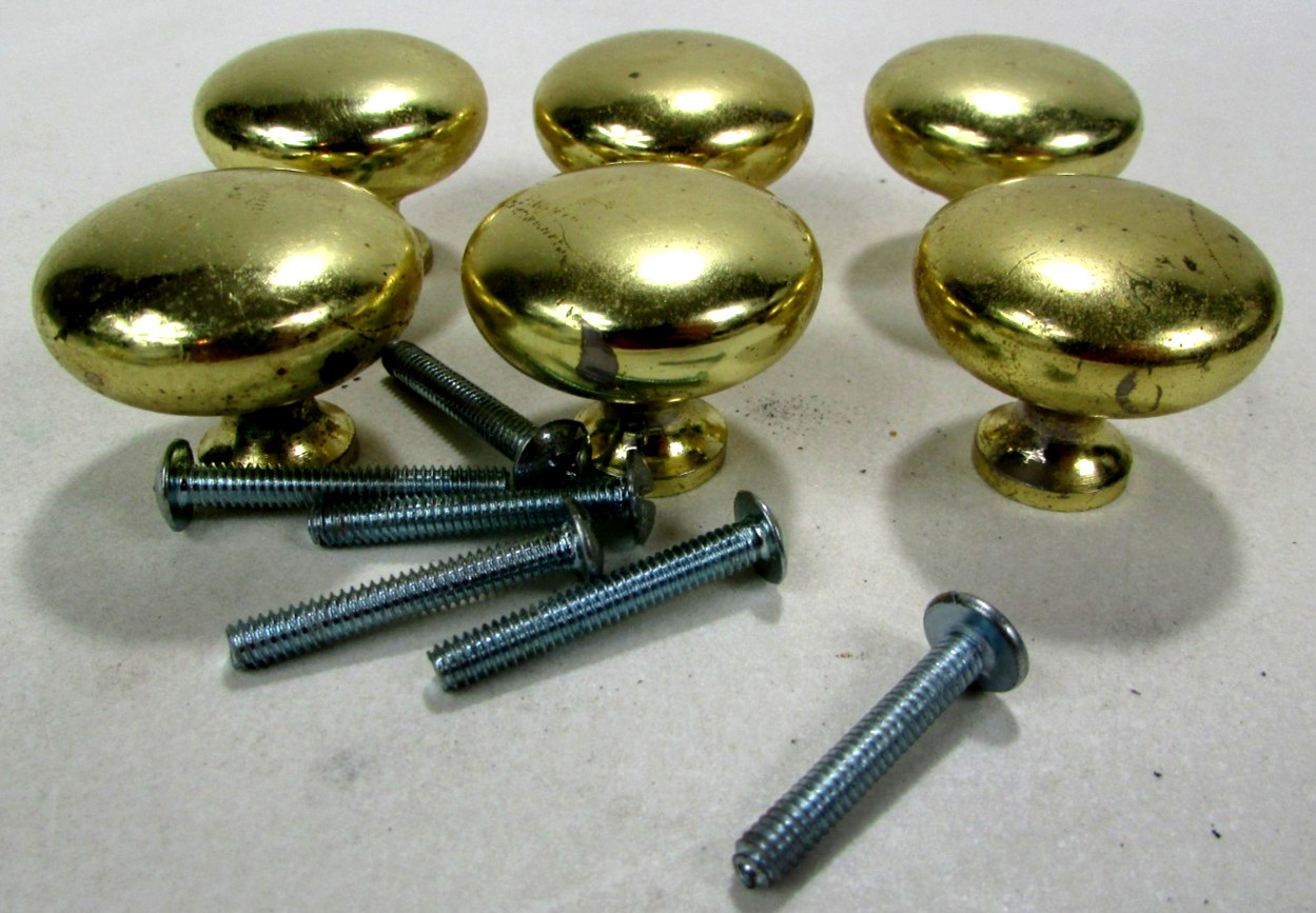 Vtg Gold-Tone Mushroom Style 1″ Round Cabinet Drawer Pulls Knobs Set of 6