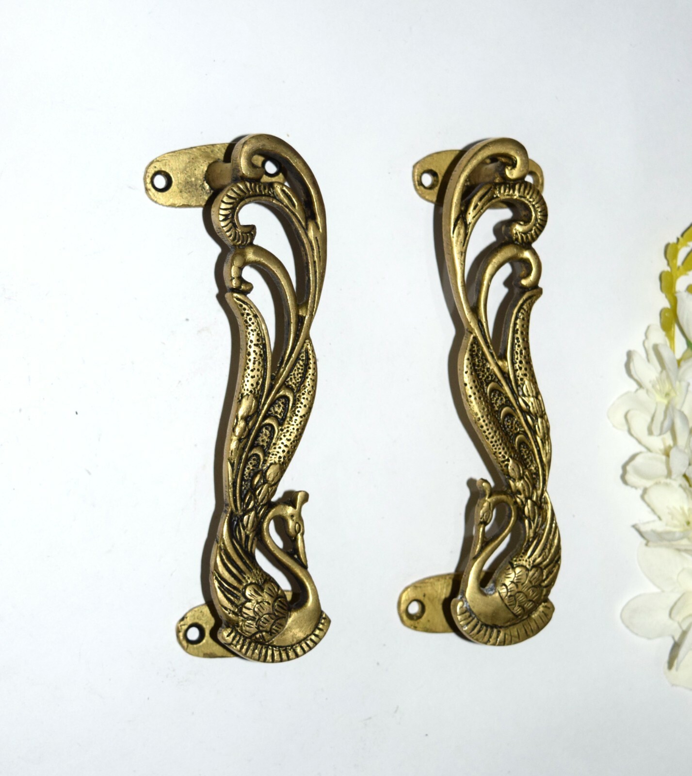 Brass Peacock Door Handle Pair 7” Inches Turkey Bird Design Almirah Pull EK560
