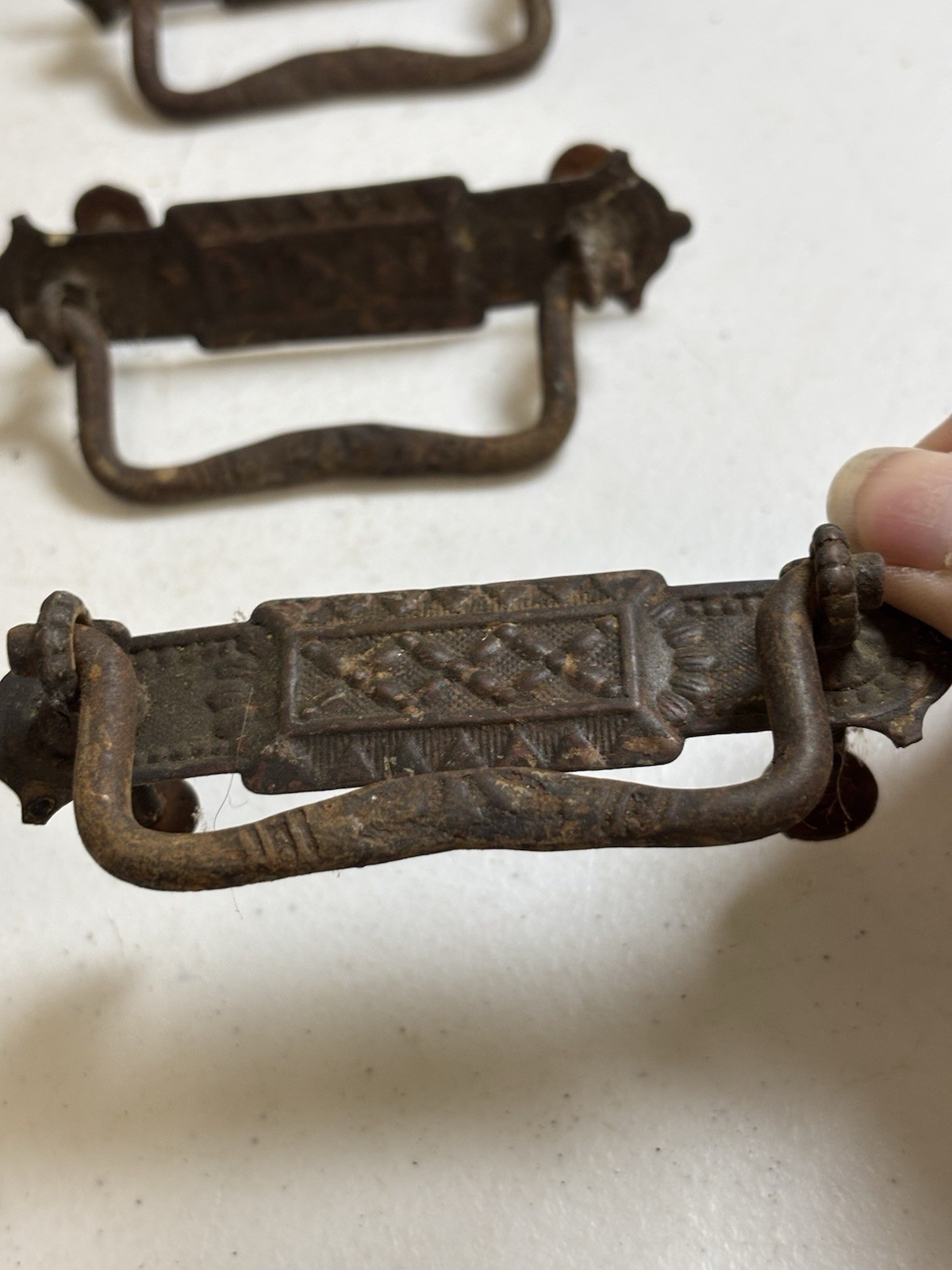 Antique Drop Bail Handles Drawer Dresser Ornate Brass Hardware 3”cc Set Of 3