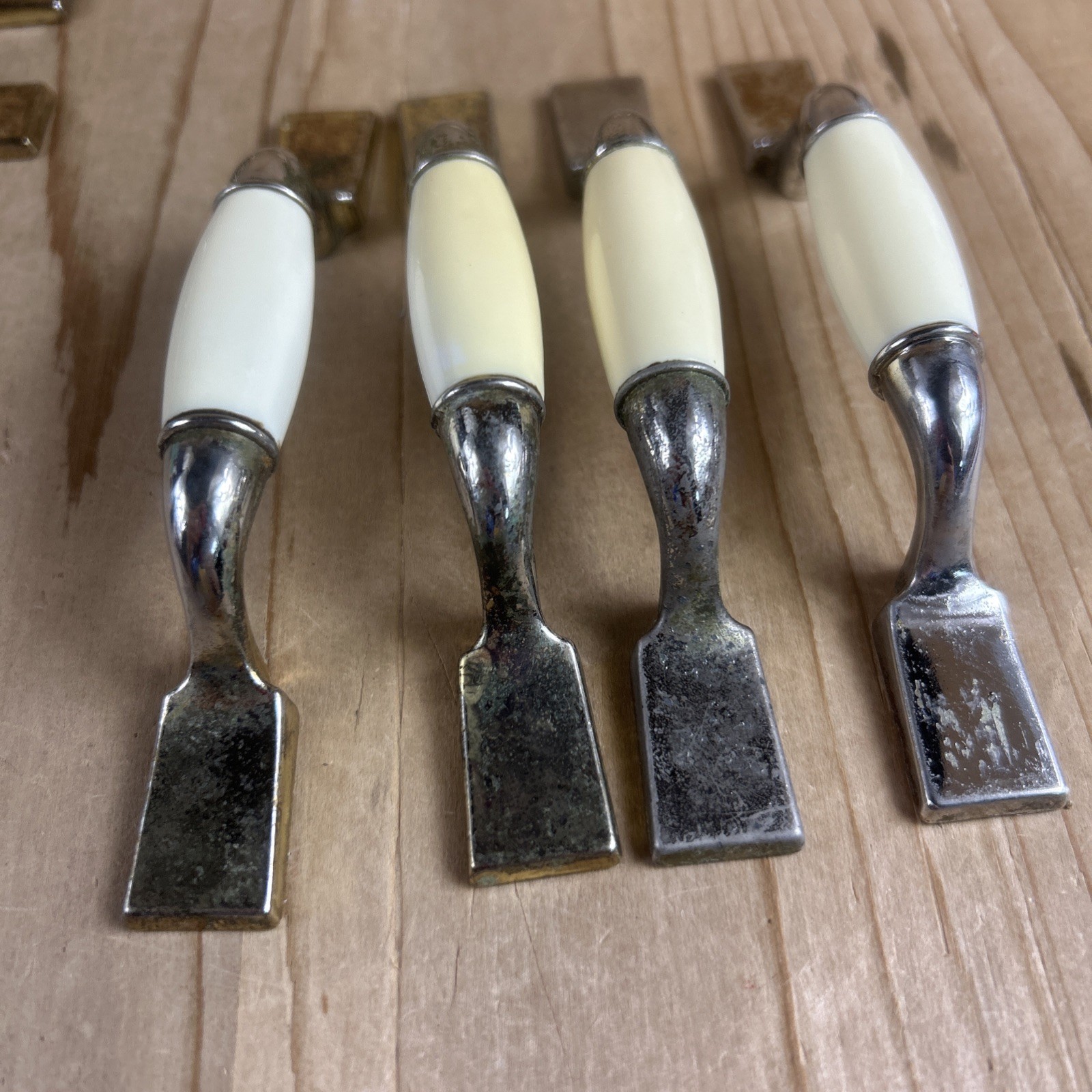 Vintage Drawer Pulls Cabinet Handles Set of 12 Beige Ceramic Center 5.5” Brass