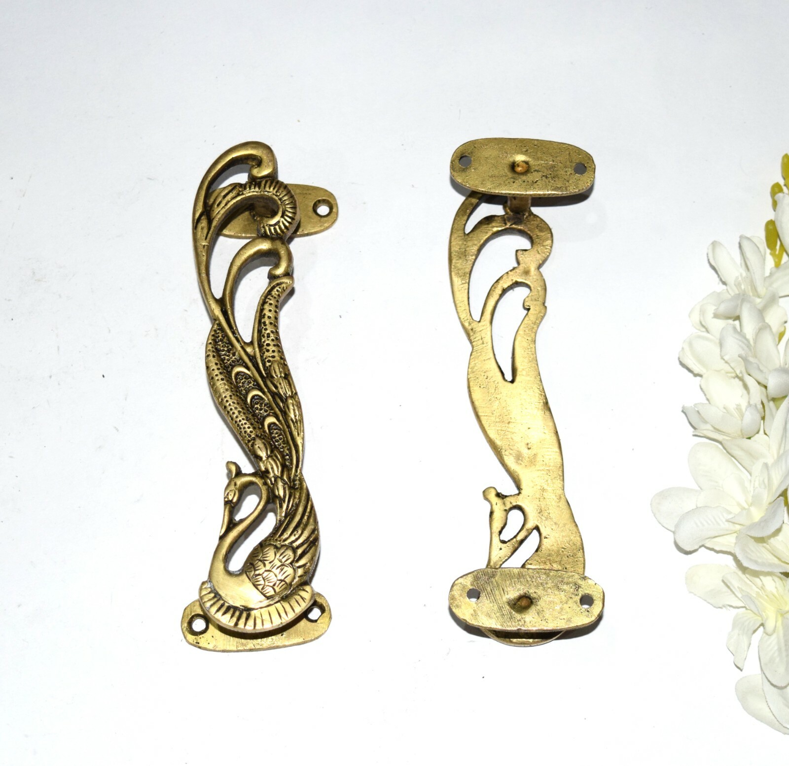 Brass Peacock Door Handle Pair 7” Inches Turkey Bird Design Almirah Pull EK560