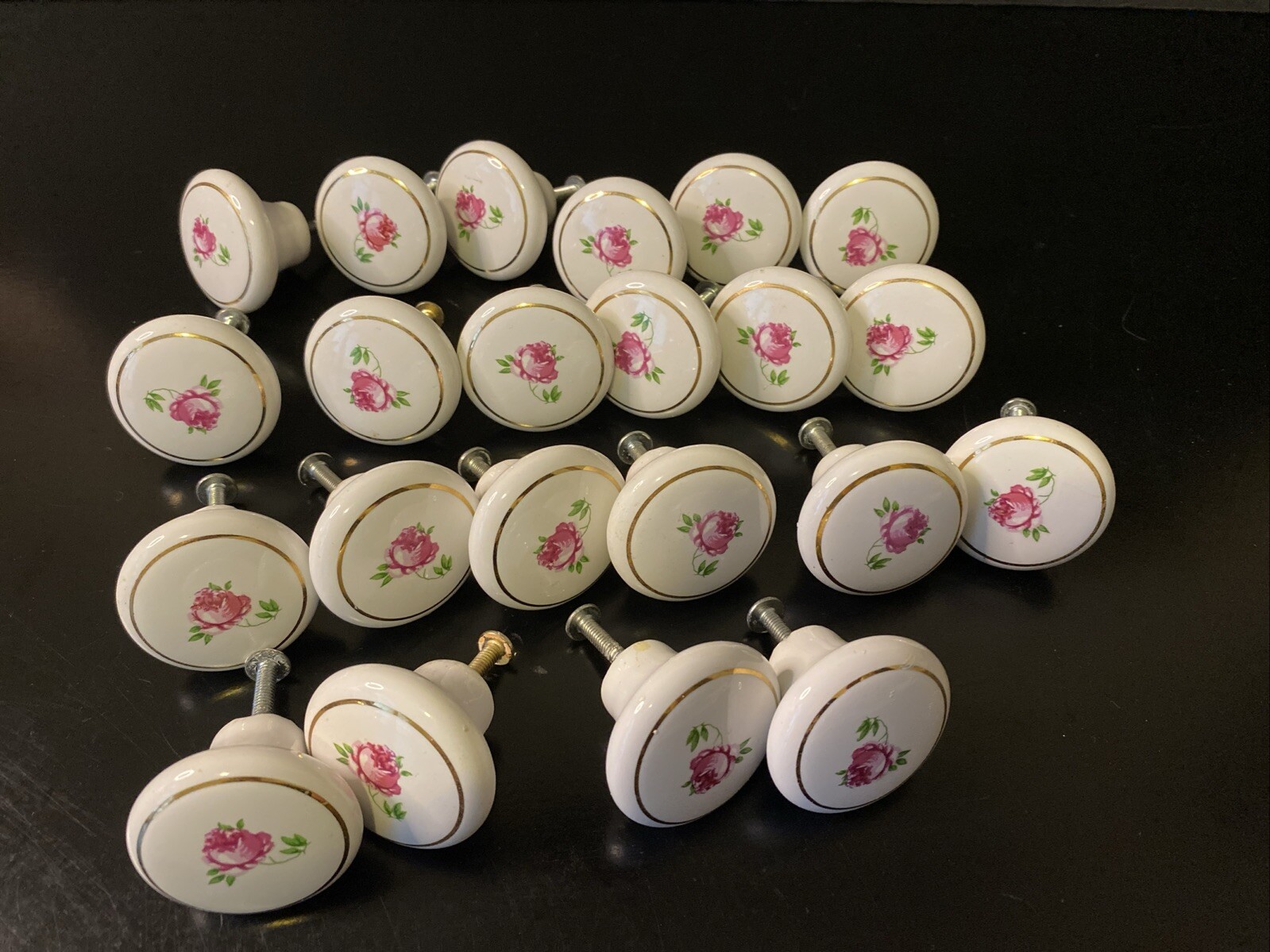 Pair VTG Round White Porcelain Hand Painted Rose Floral Drawer Knobs With Bolts