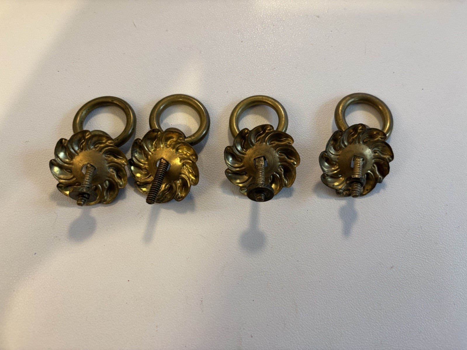 Set of 4 Antique Brass Drawer Ring Pulls with Rosette Backplates